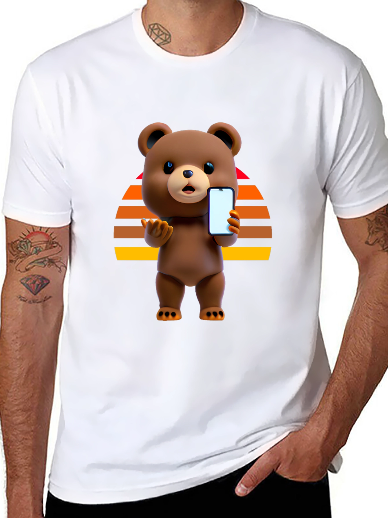 Cool Bear Holding Phone Graphic Black T-Shirt