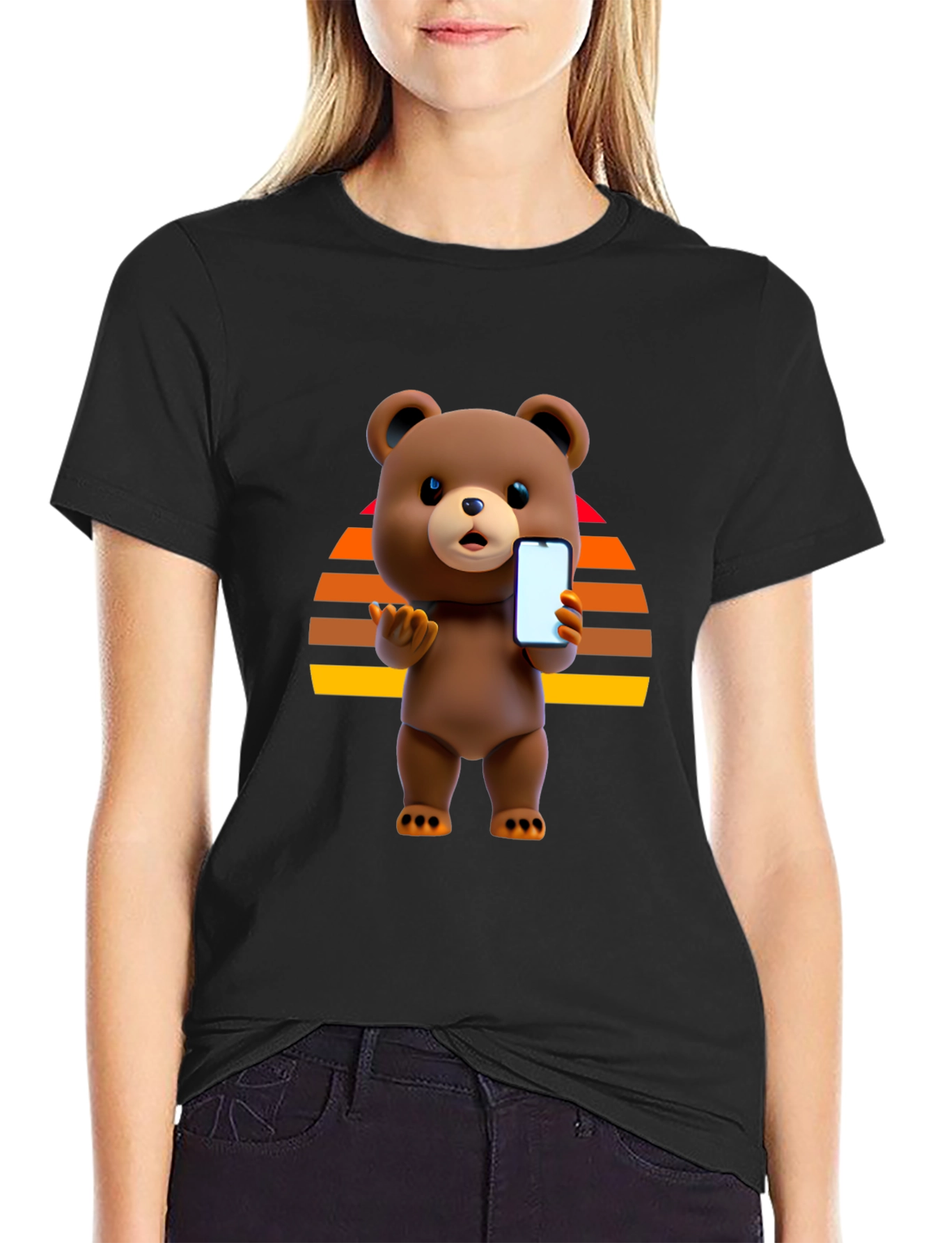 Cool Bear Holding Phone Graphic Black T-Shirt