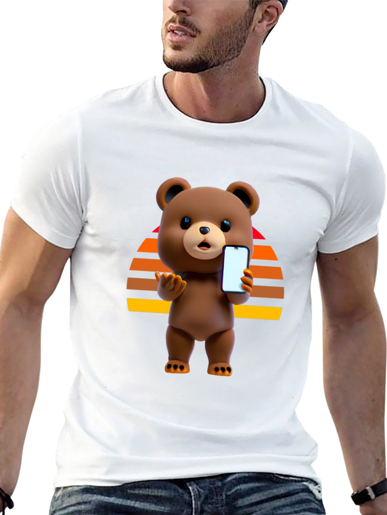 Cool Bear Holding Phone Graphic Black T-Shirt