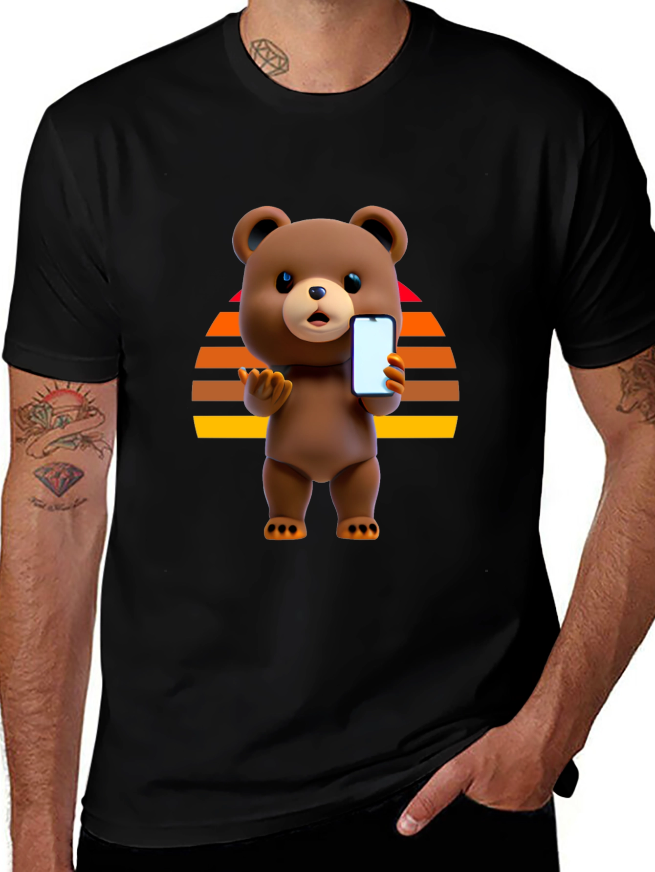 Cool Bear Holding Phone Graphic Black T-Shirt