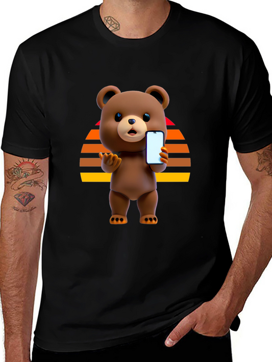 Cool Bear Holding Phone Graphic Black T-Shirt