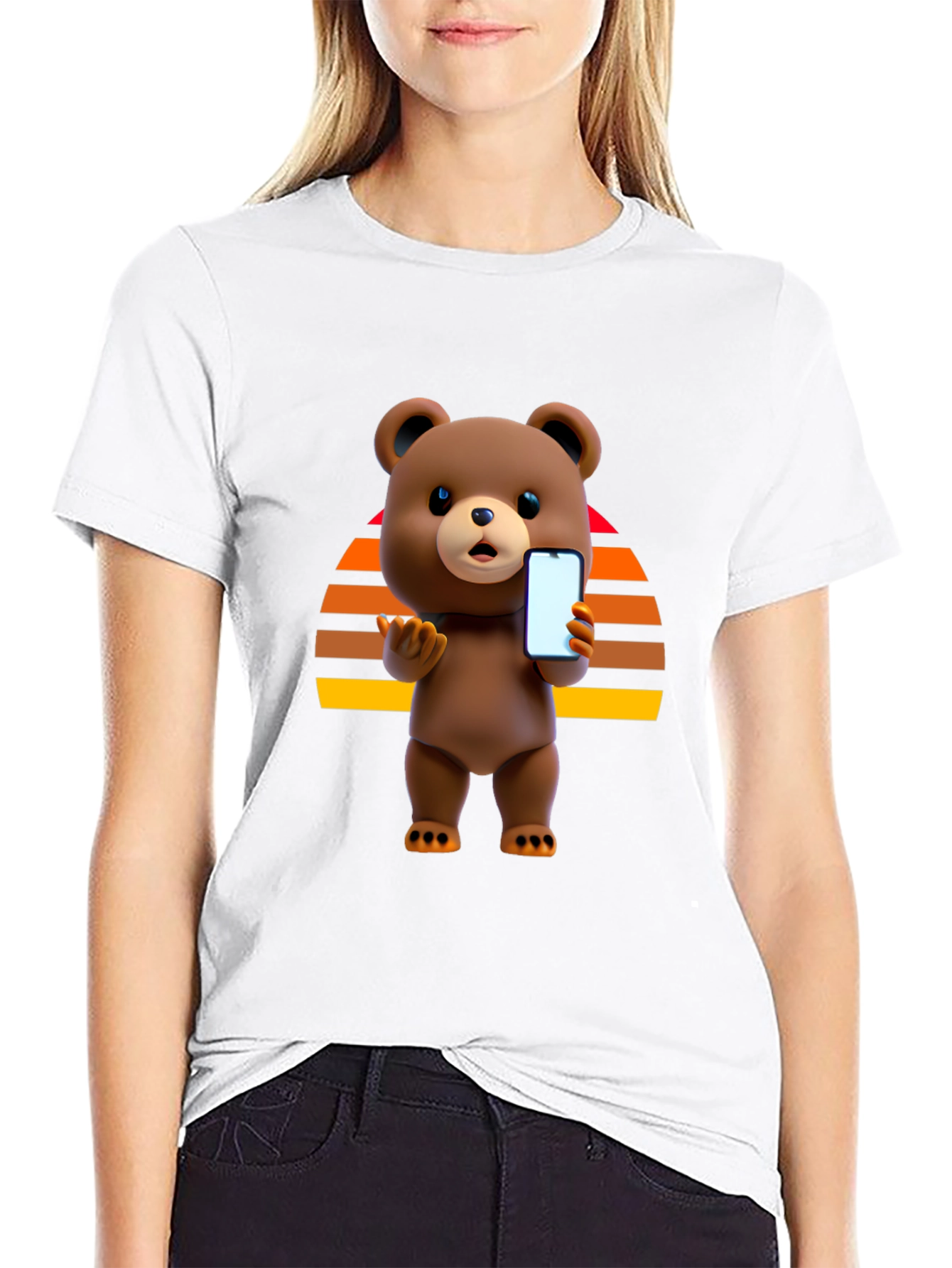 Cool Bear Holding Phone Graphic Black T-Shirt