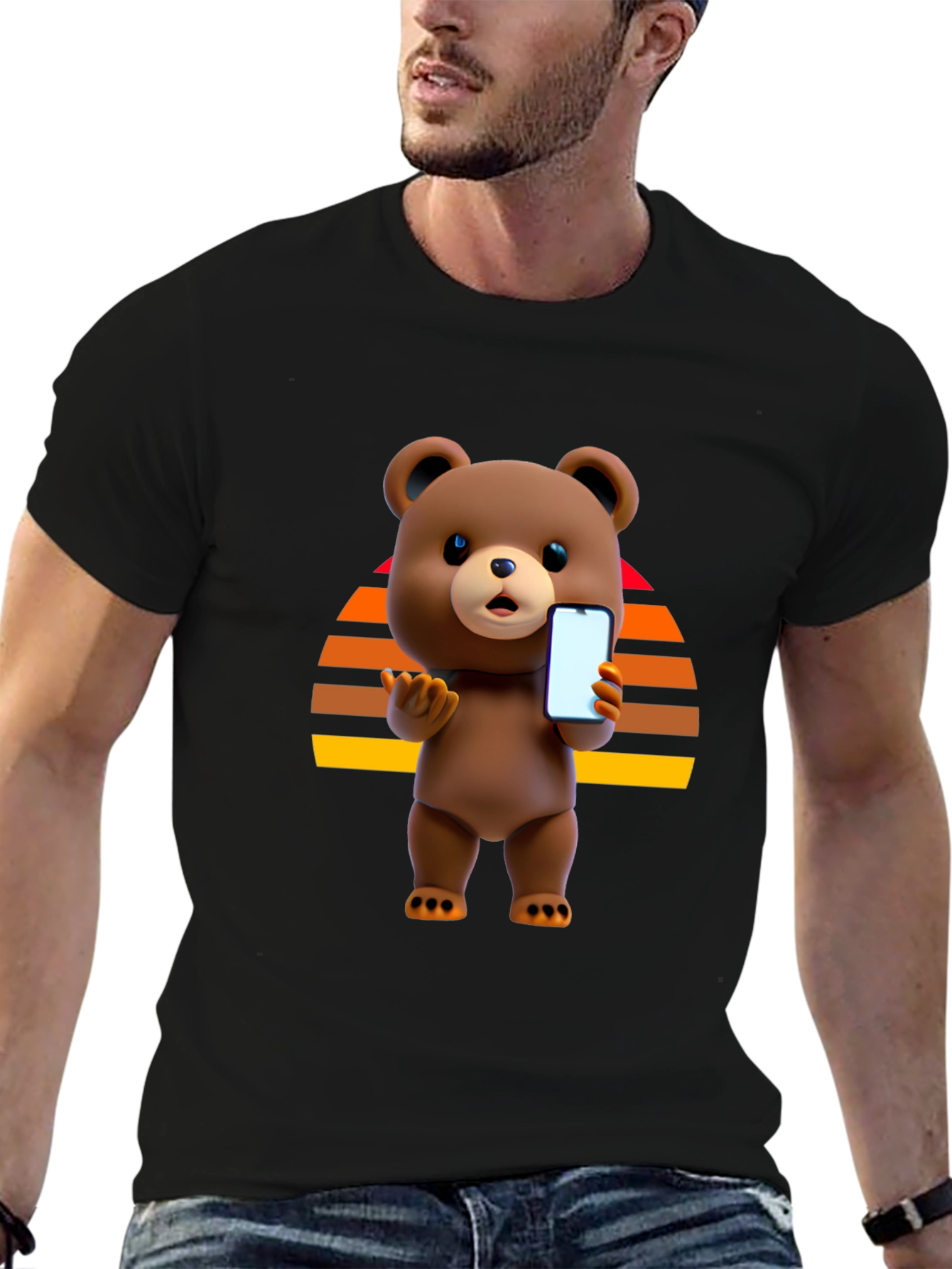 Cool Bear Holding Phone Graphic Black T-Shirt