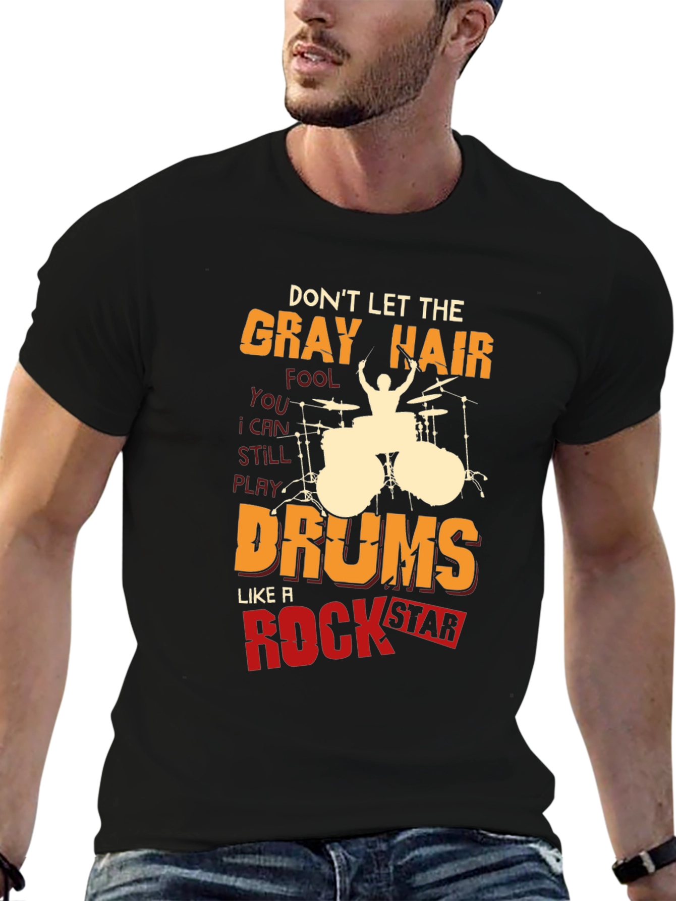 Gray Hair Drums Rock Star T-Shirt