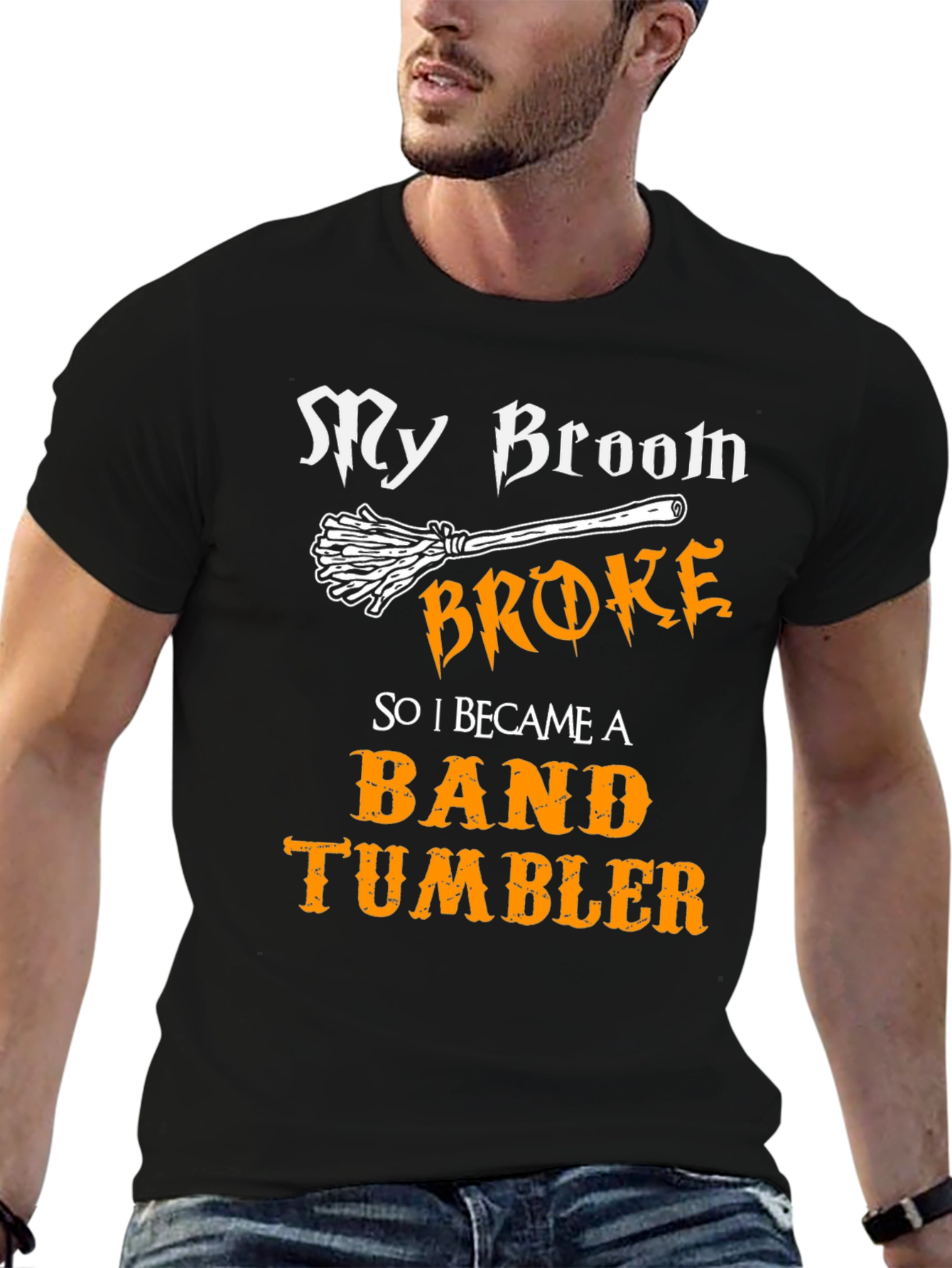 My Broom Broke Band Tumbler T-Shirt Halloween Tee