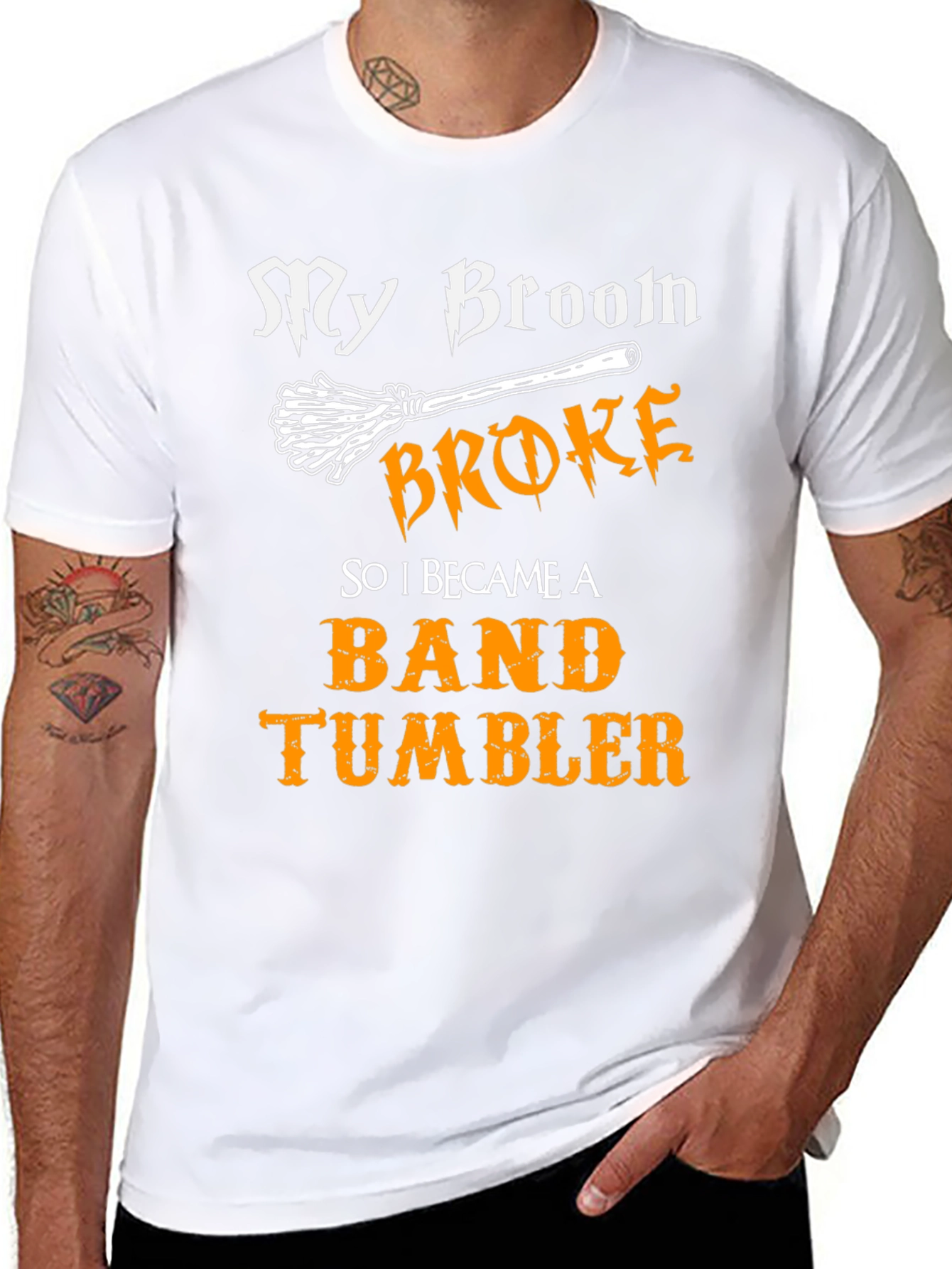My Broom Broke Band Tumbler T-Shirt Halloween Tee
