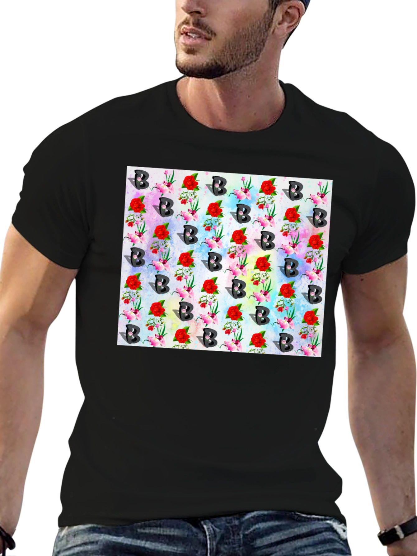 Floral B Pattern Black T-Shirt