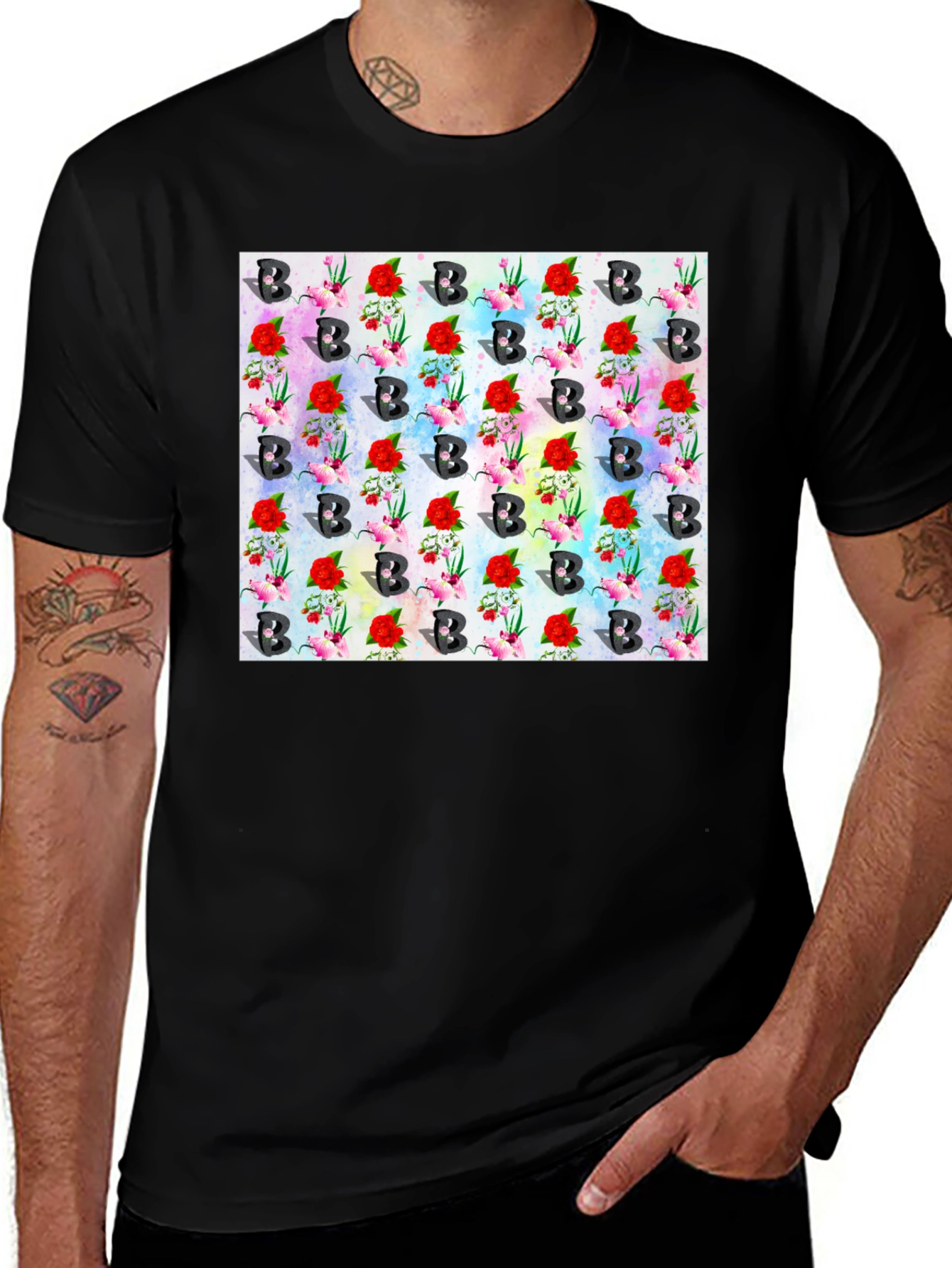 Floral B Pattern Black T-Shirt