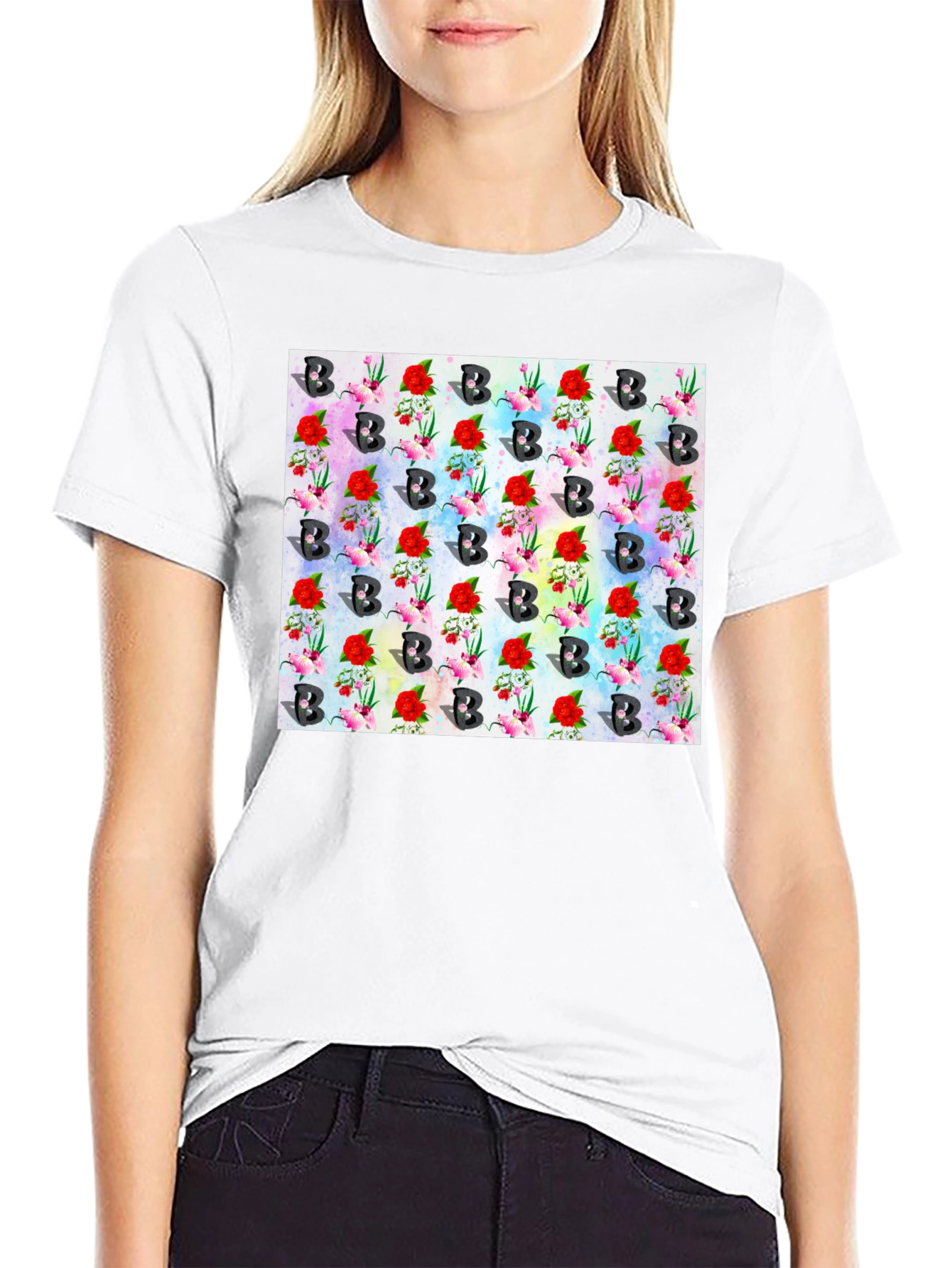 Floral B Pattern Black T-Shirt