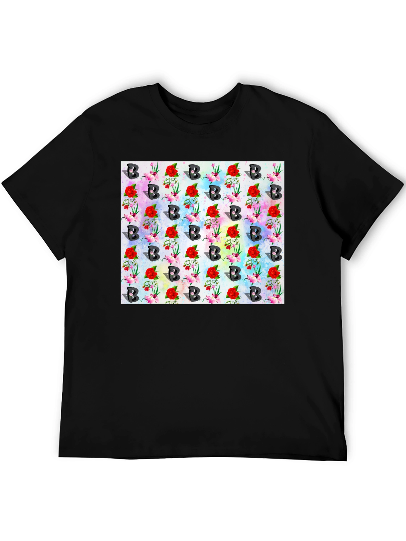 Floral B Pattern Black T-Shirt
