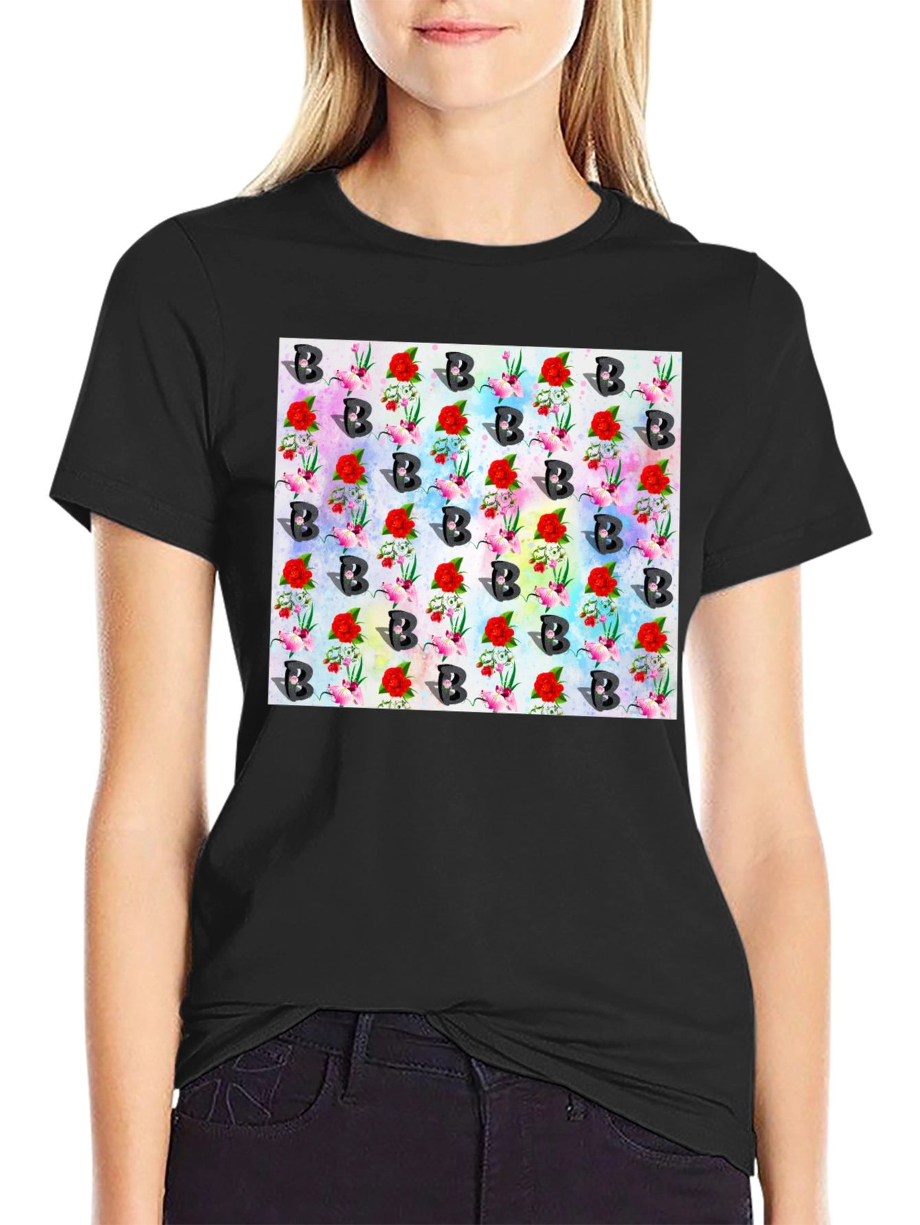 Floral B Pattern Black T-Shirt