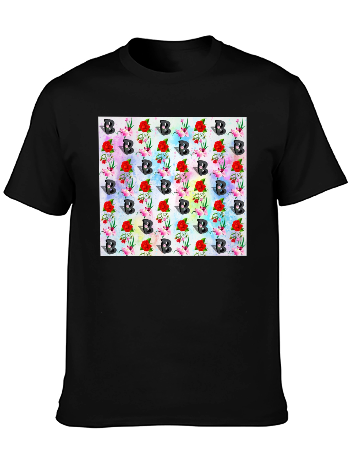 Floral B Pattern Black T-Shirt