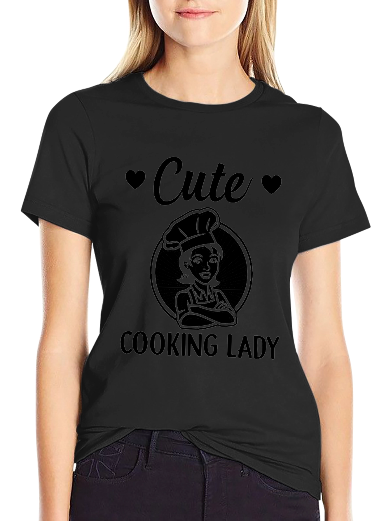 Cute Cooking Lady Graphic Tee - Black T-Shirt
