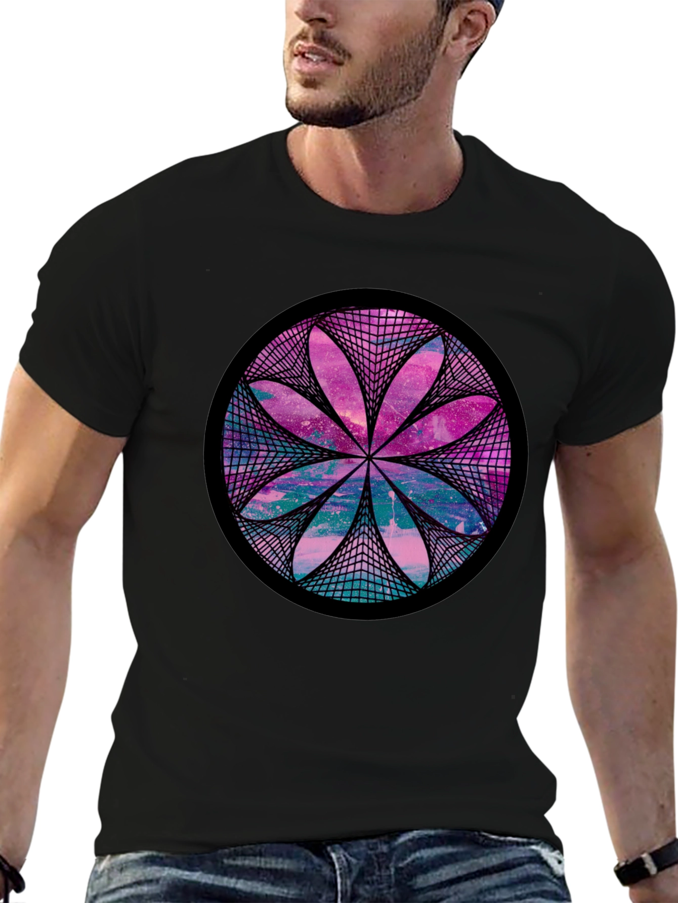 Cosmic Flower Graphic Tee - Black Cotton Blend Shirt