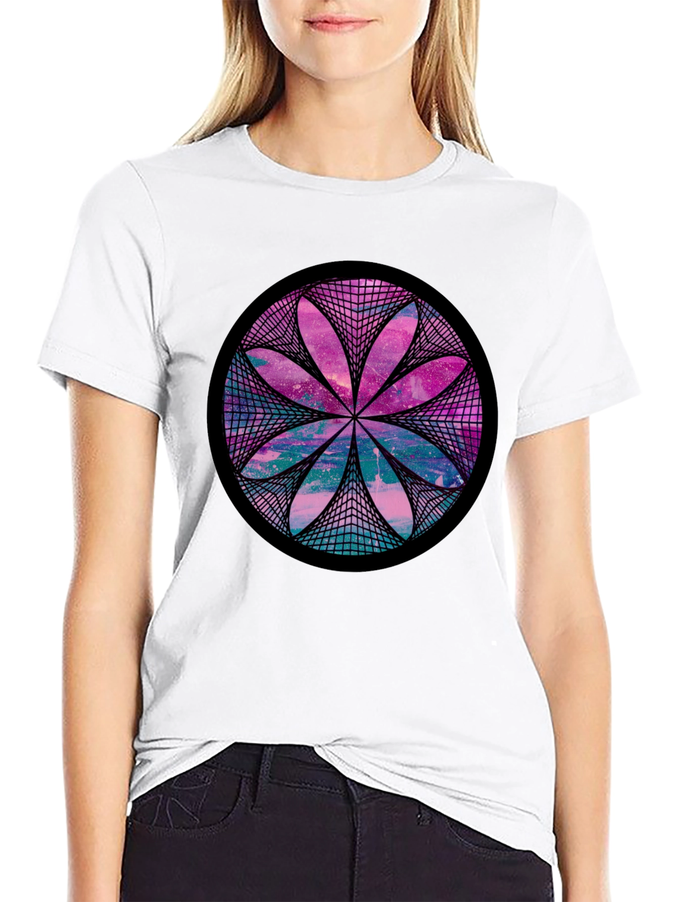 Cosmic Flower Graphic Tee - Black Cotton Blend Shirt