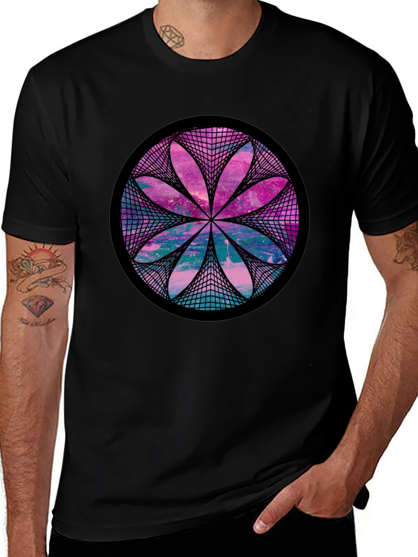 Cosmic Flower Graphic Tee - Black Cotton Blend Shirt