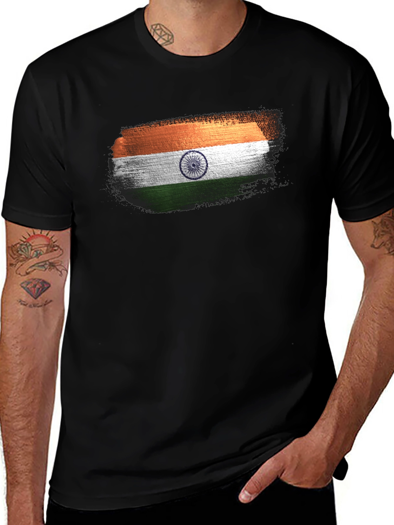 India Flag Brushstroke Black T-Shirt