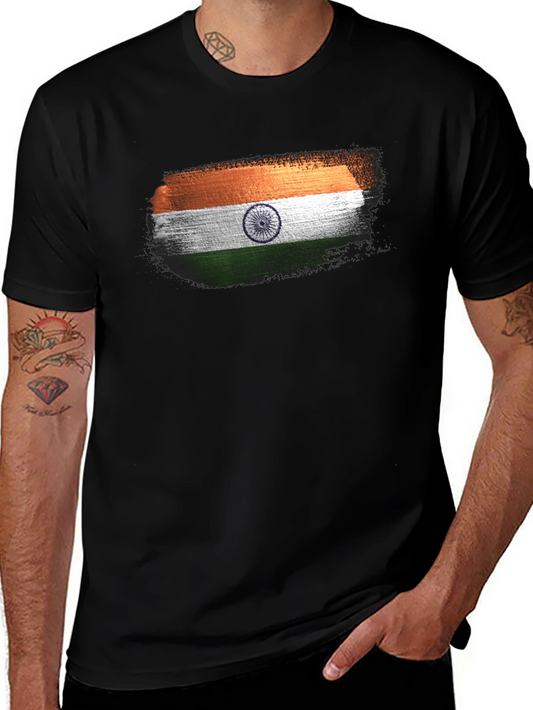 India Flag Brushstroke Black T-Shirt