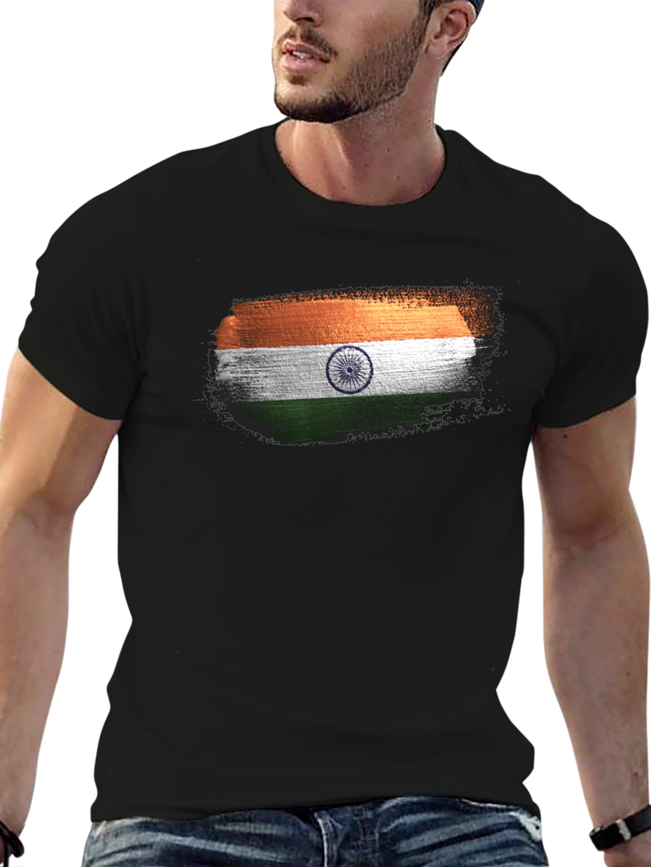 India Flag Brushstroke Black T-Shirt