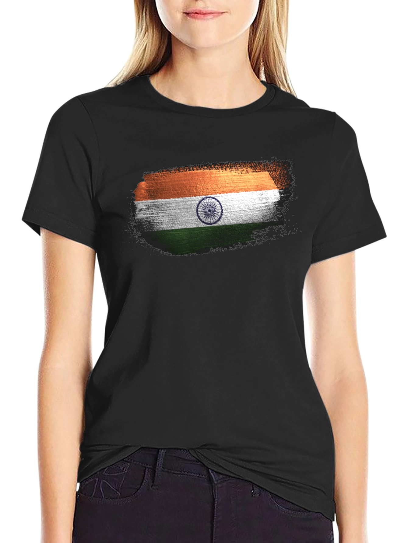 India Flag Brushstroke Black T-Shirt
