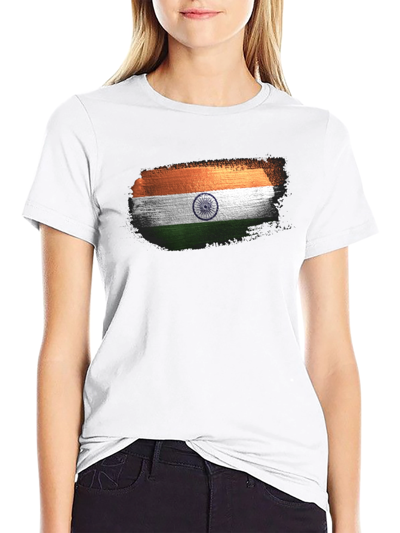 India Flag Brushstroke Black T-Shirt