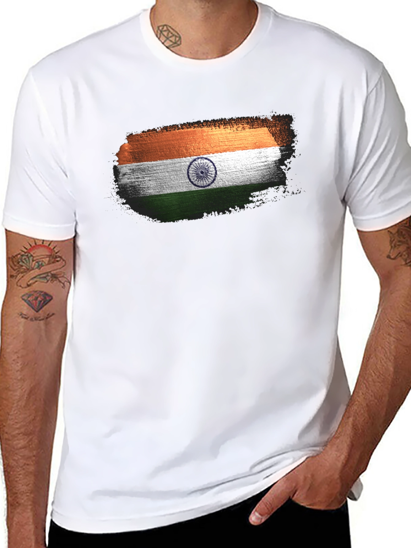 India Flag Brushstroke Black T-Shirt