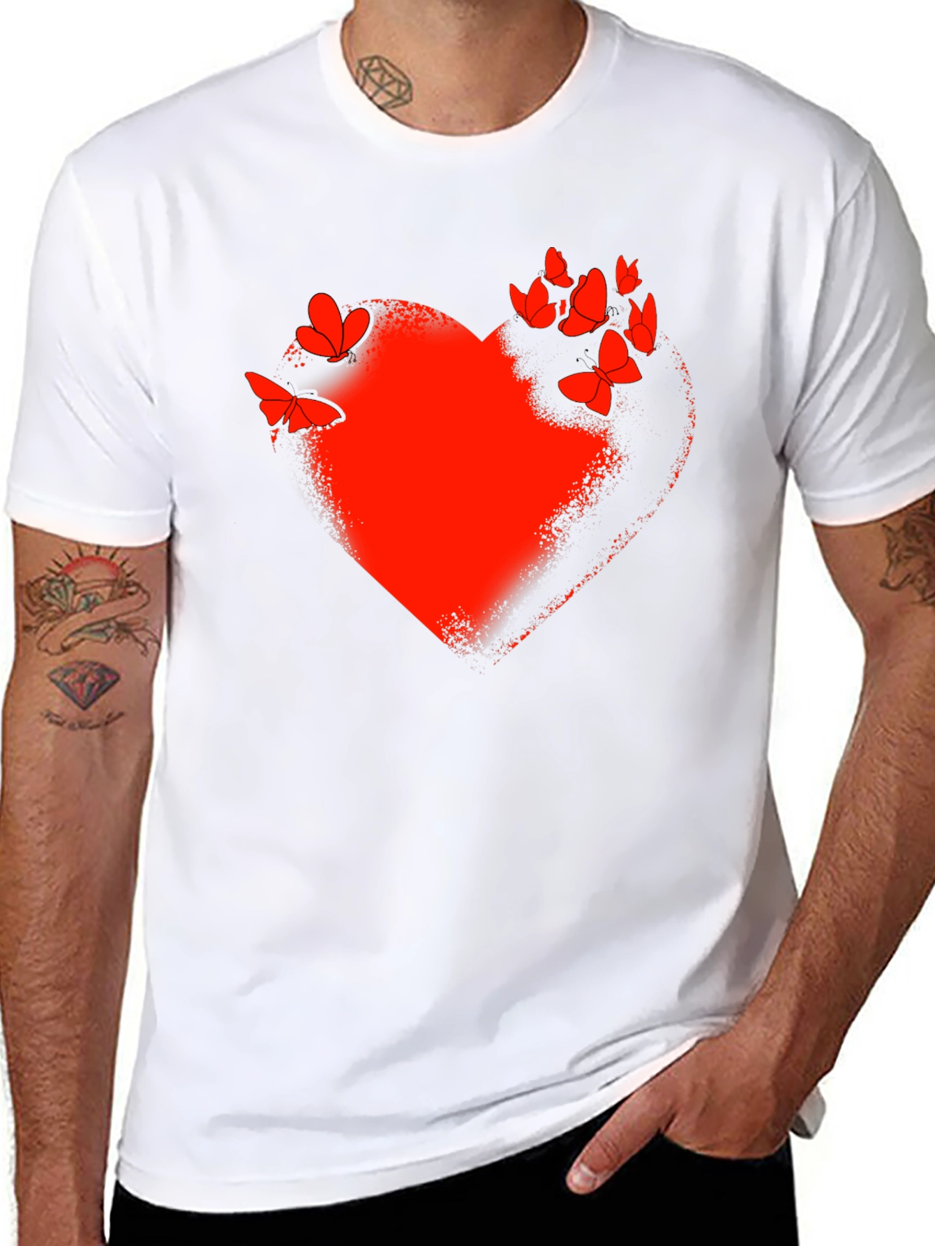 Red Heart & Butterflies Black T-Shirt