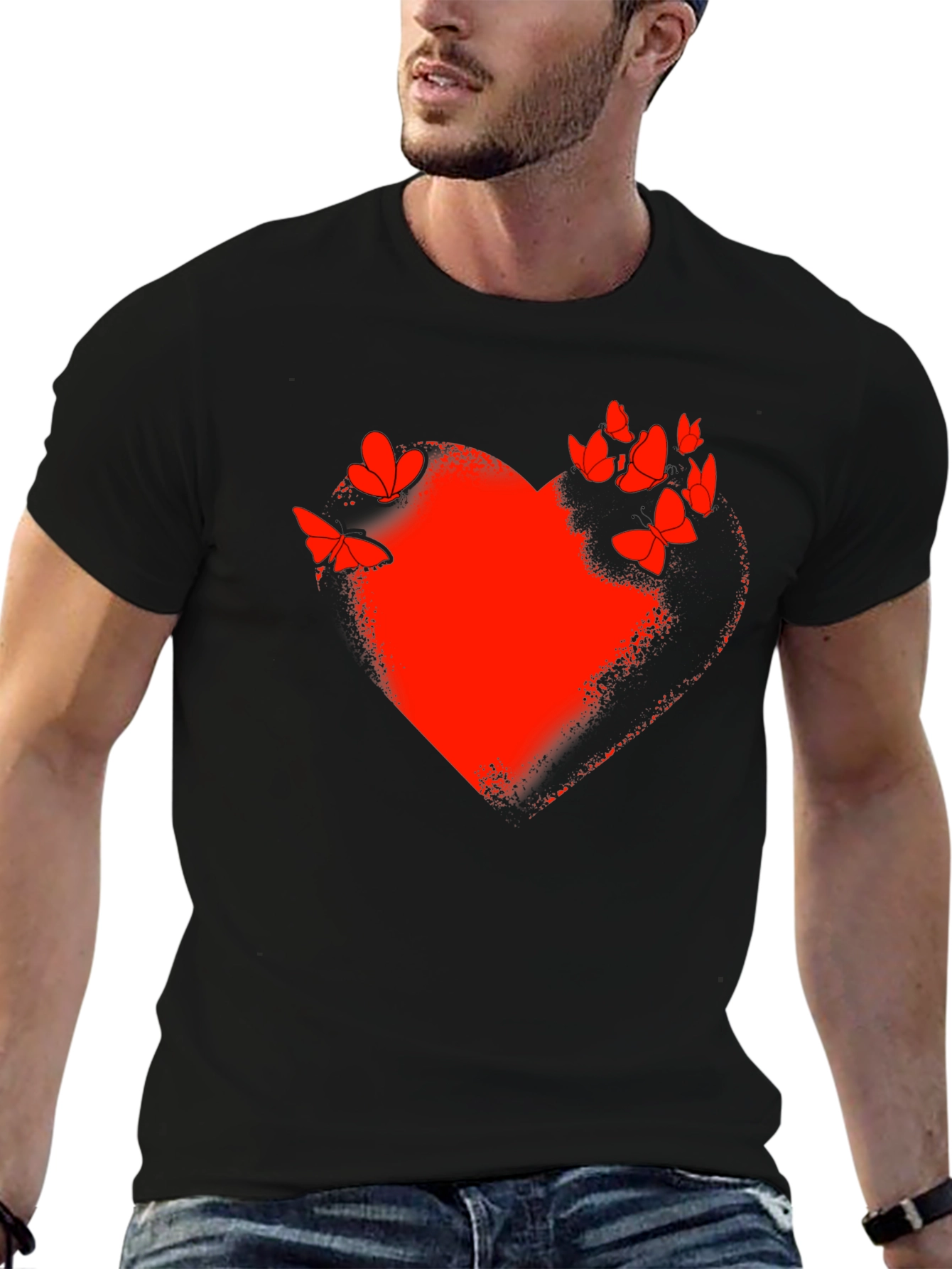 Red Heart & Butterflies Black T-Shirt
