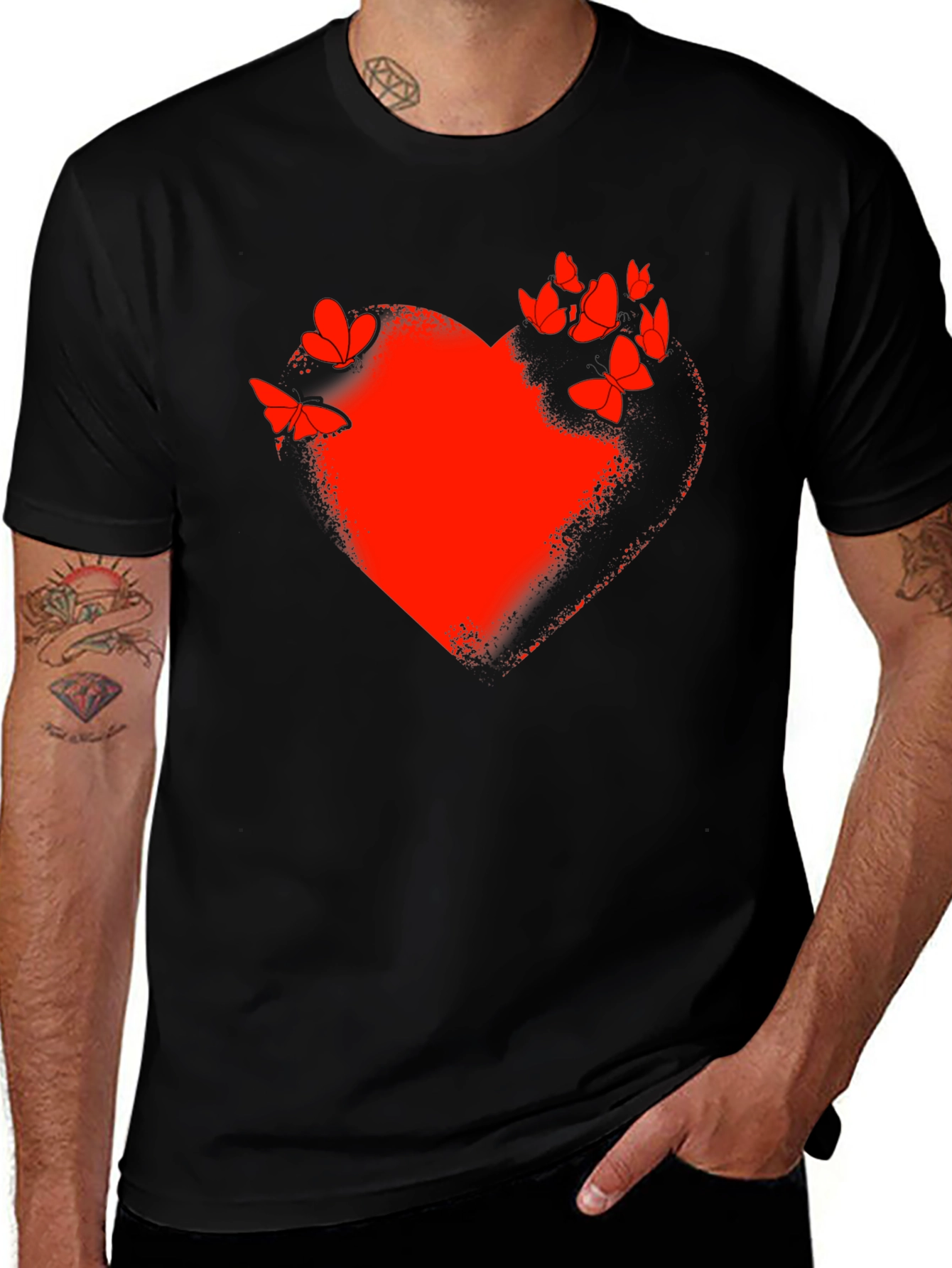 Red Heart & Butterflies Black T-Shirt