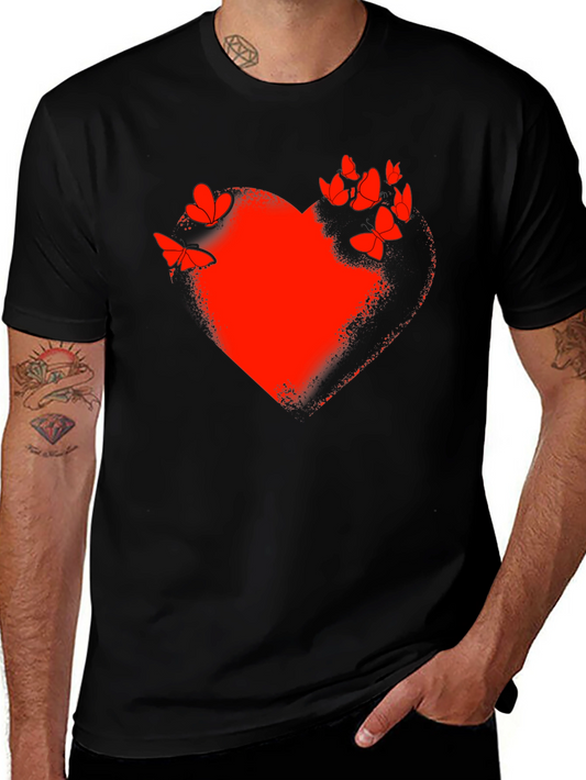 Red Heart & Butterflies Black T-Shirt