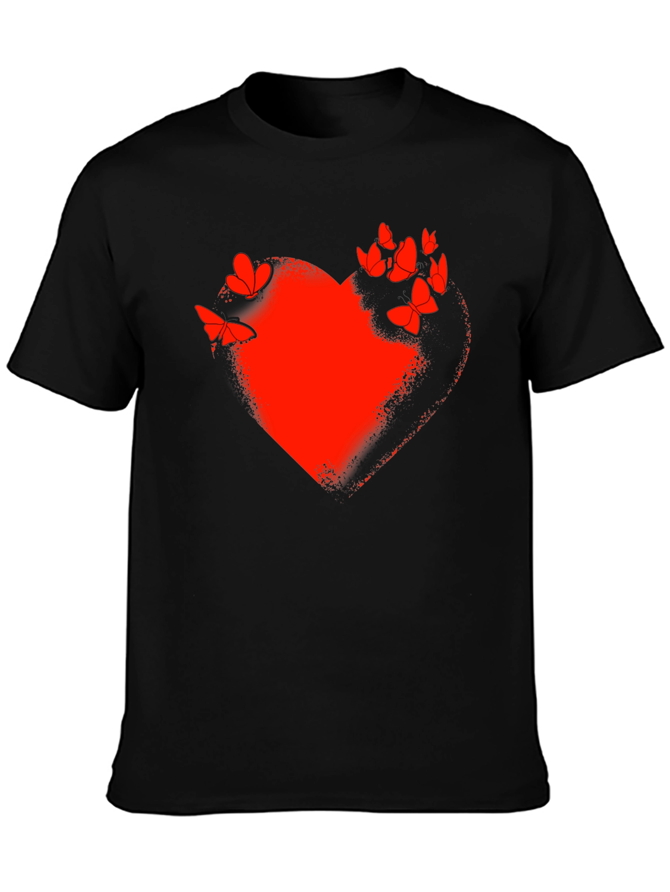 Red Heart & Butterflies Black T-Shirt