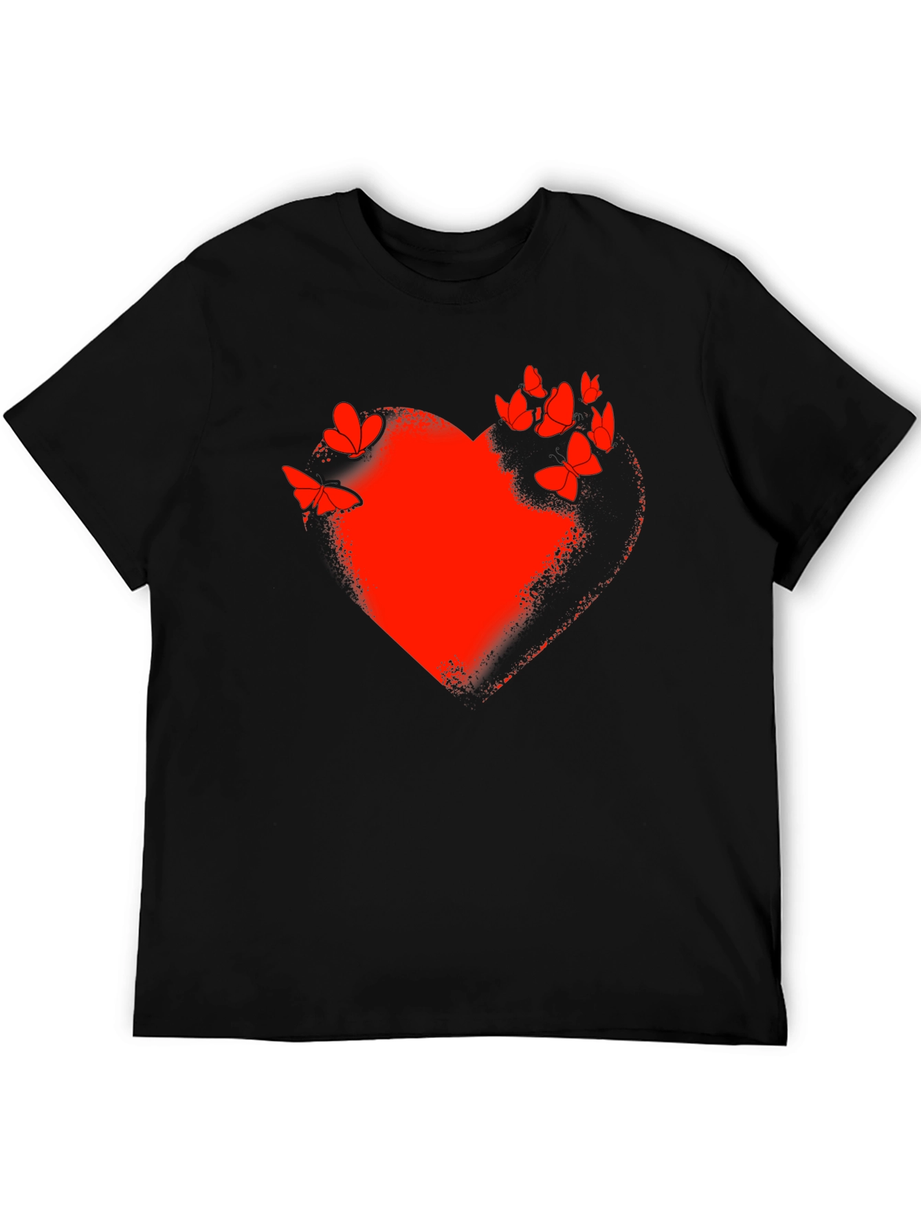 Red Heart & Butterflies Black T-Shirt