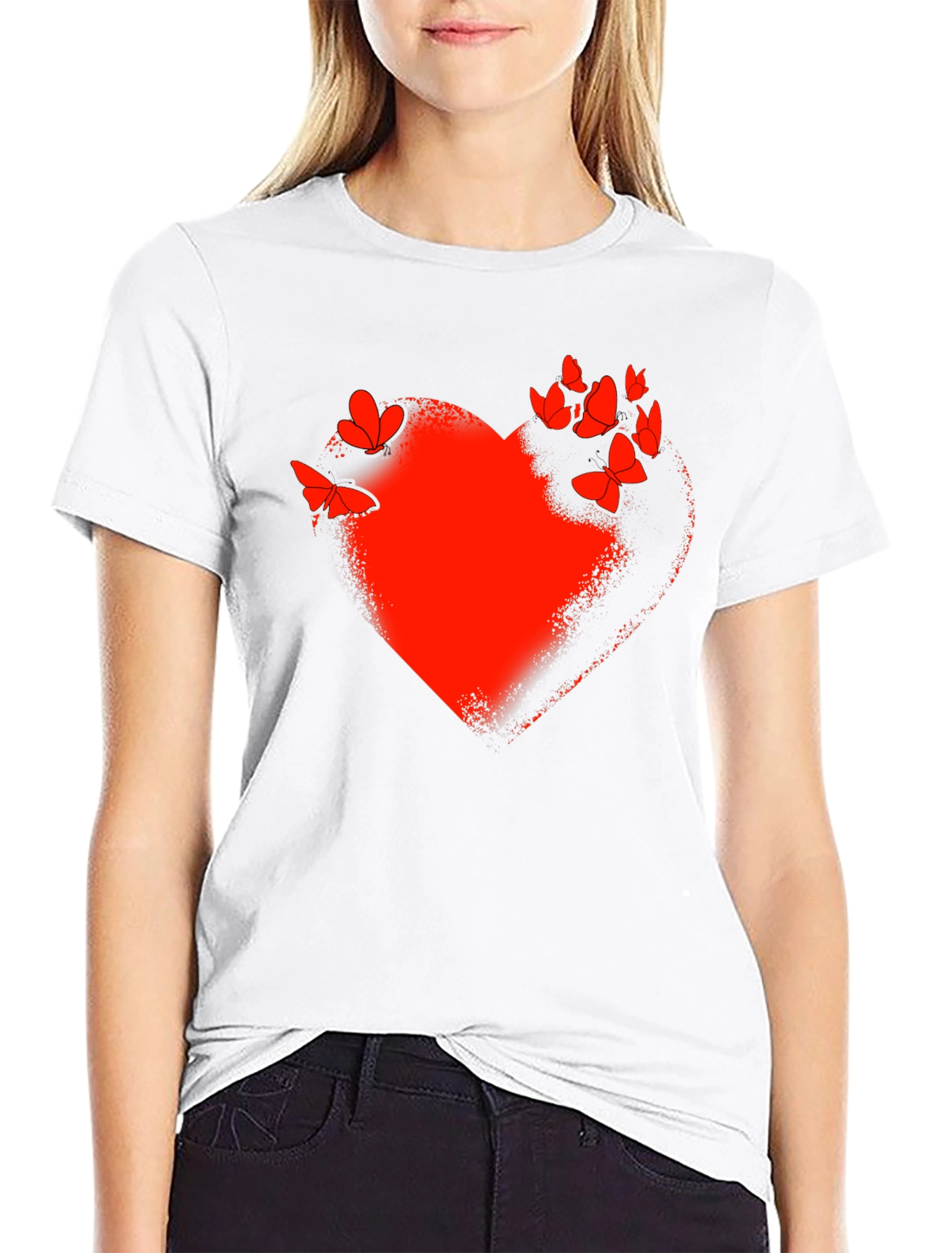 Red Heart & Butterflies Black T-Shirt