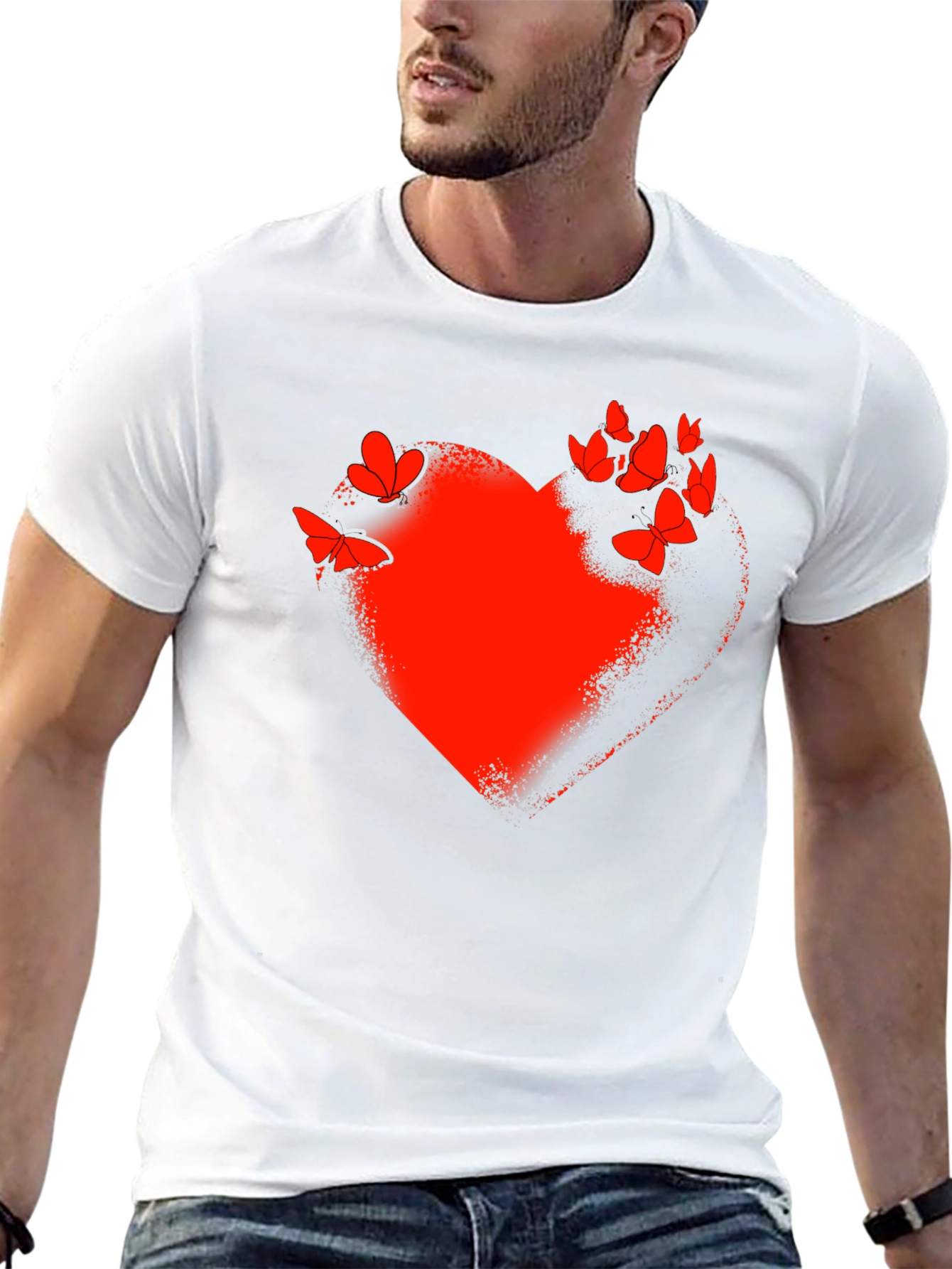 Red Heart & Butterflies Black T-Shirt