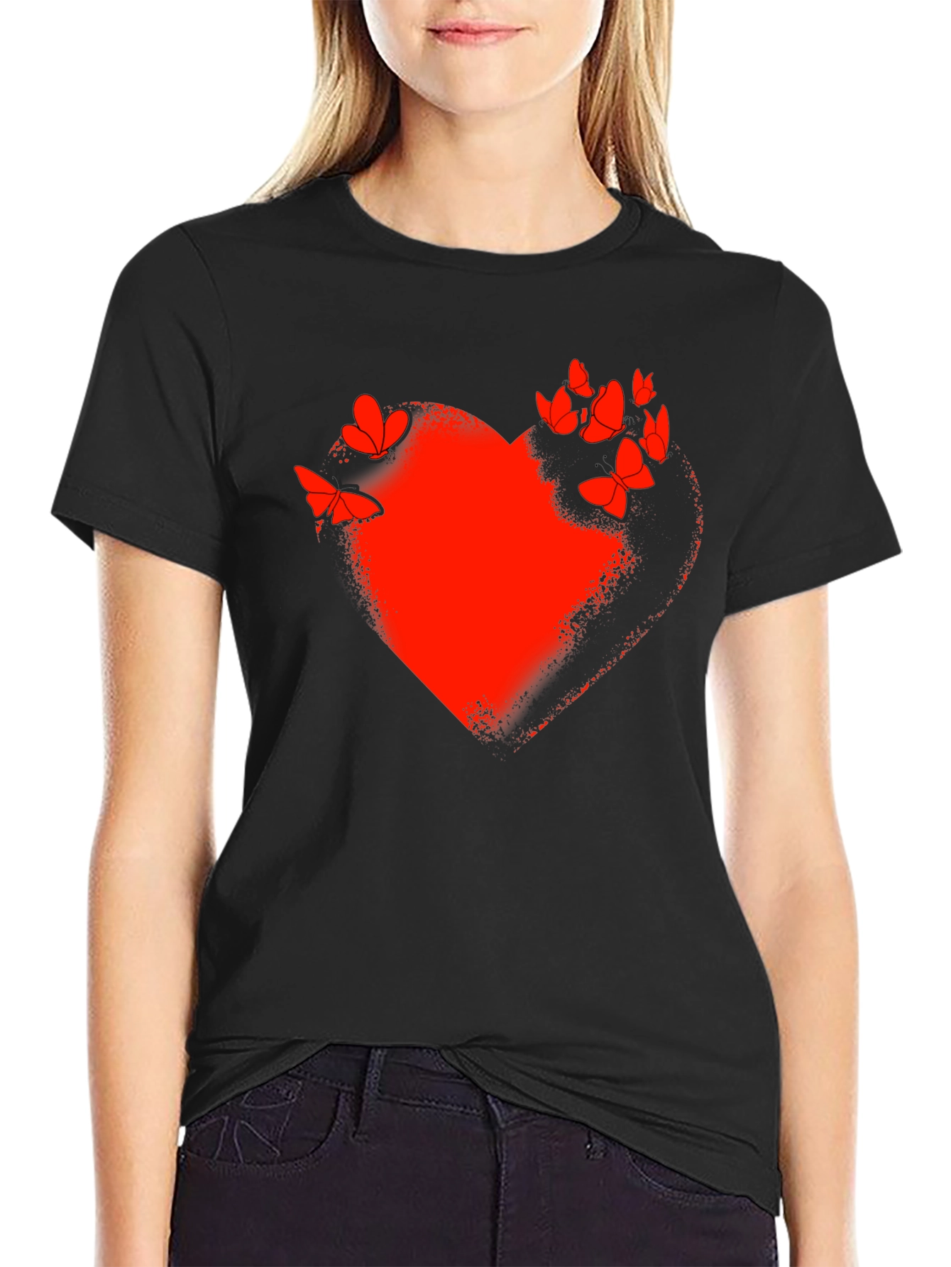 Red Heart & Butterflies Black T-Shirt