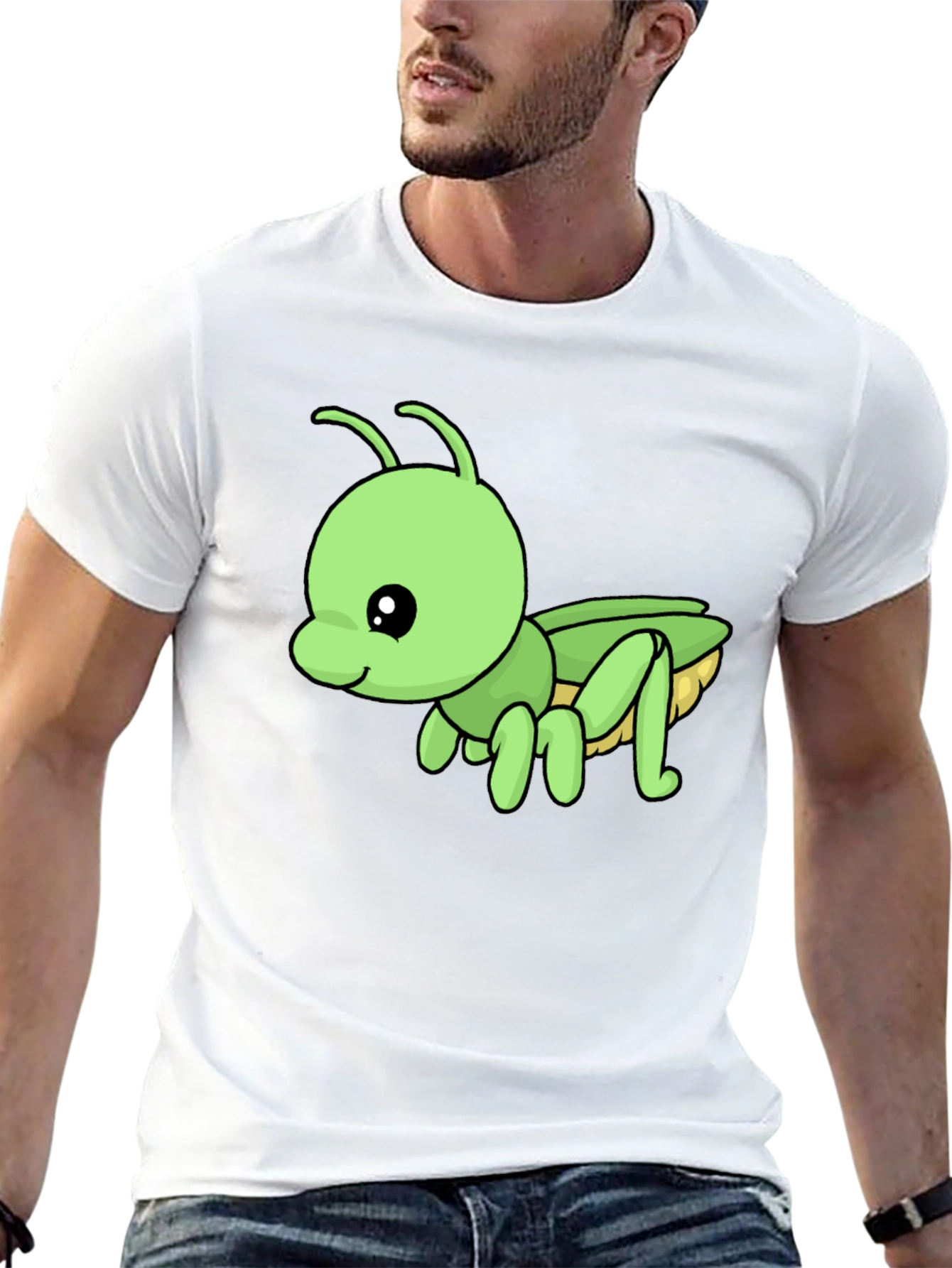 Cute Green Cartoon Insect Black T-Shirt