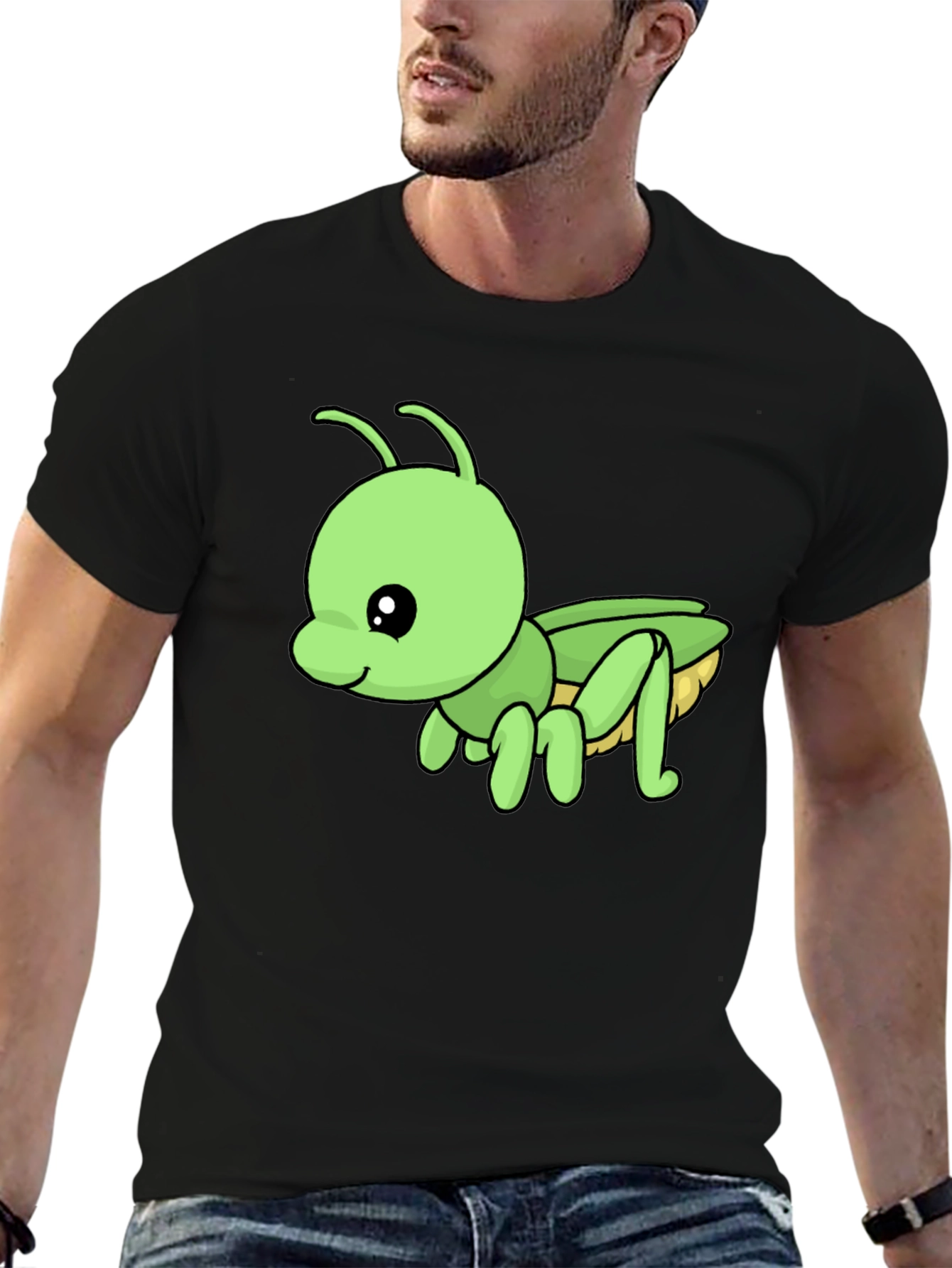 Cute Green Cartoon Insect Black T-Shirt