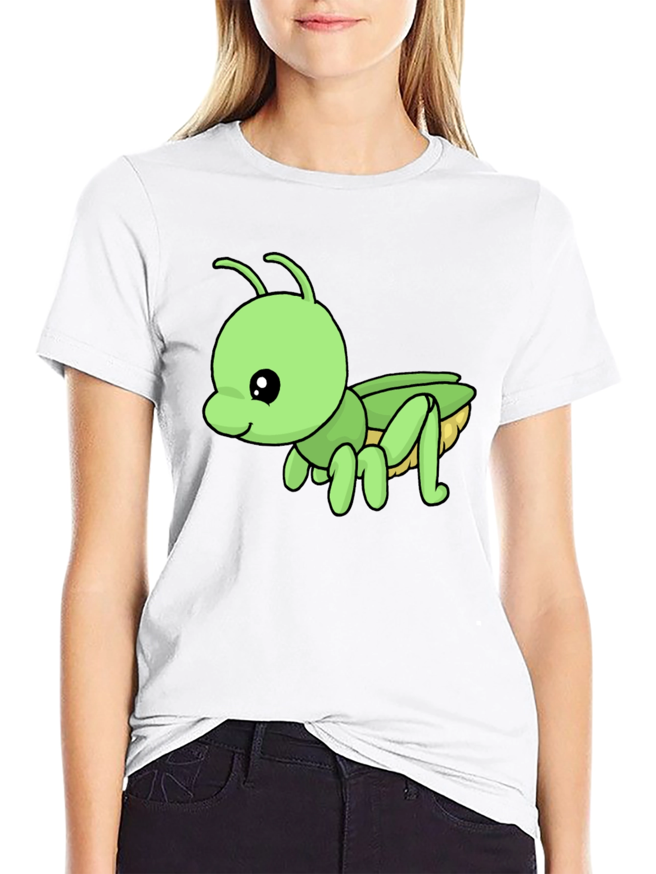 Cute Green Cartoon Insect Black T-Shirt