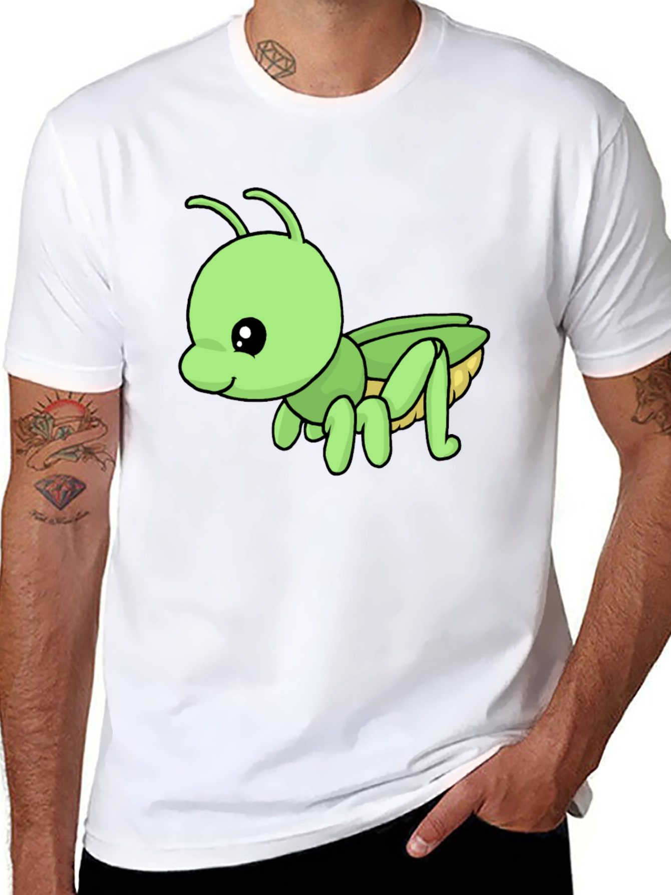 Cute Green Cartoon Insect Black T-Shirt