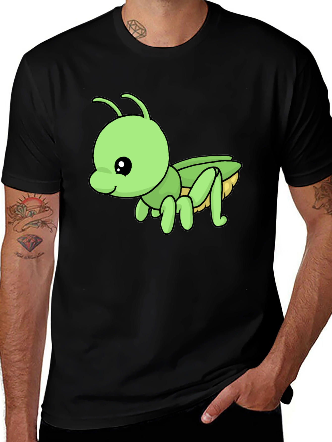 Cute Green Cartoon Insect Black T-Shirt