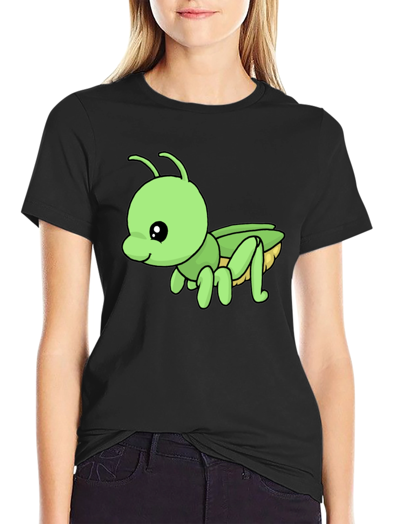 Cute Green Cartoon Insect Black T-Shirt
