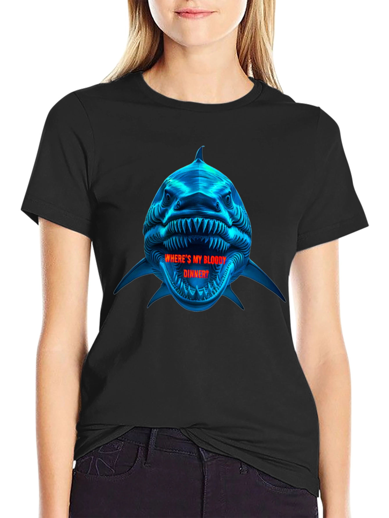 Shark Bloody Dinner Graphic Black T-Shirt