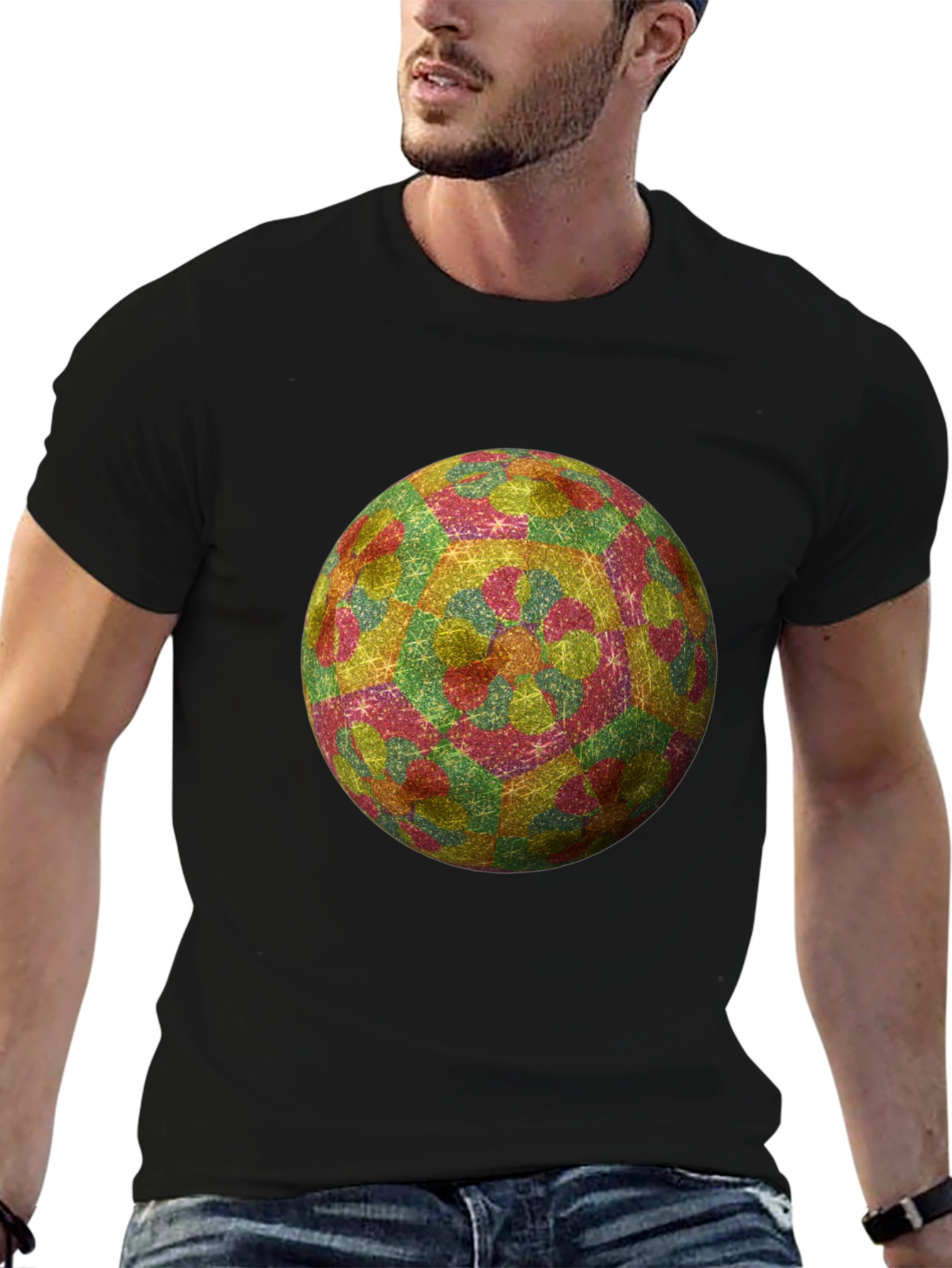 Geometric Globe Print Black T-Shirt