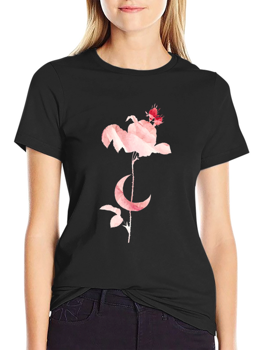 Floral Moon Graphic Tee - Stylish Black Cotton T-Shirt