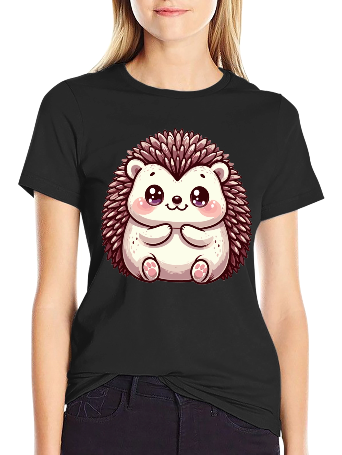 Cute Hedgehog Graphic Black T-Shirt