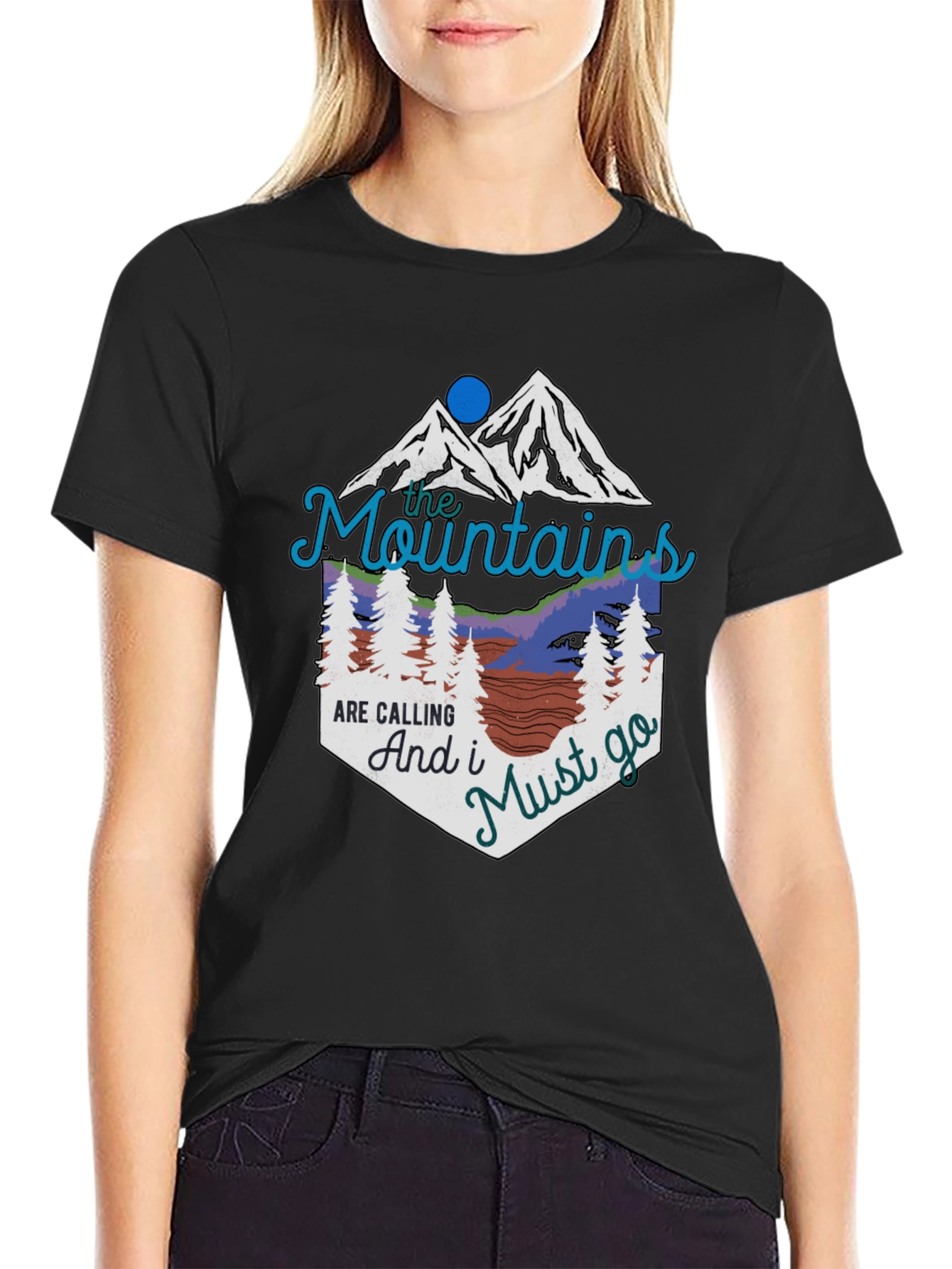Mountains are Calling Black Graphic T-Shirt