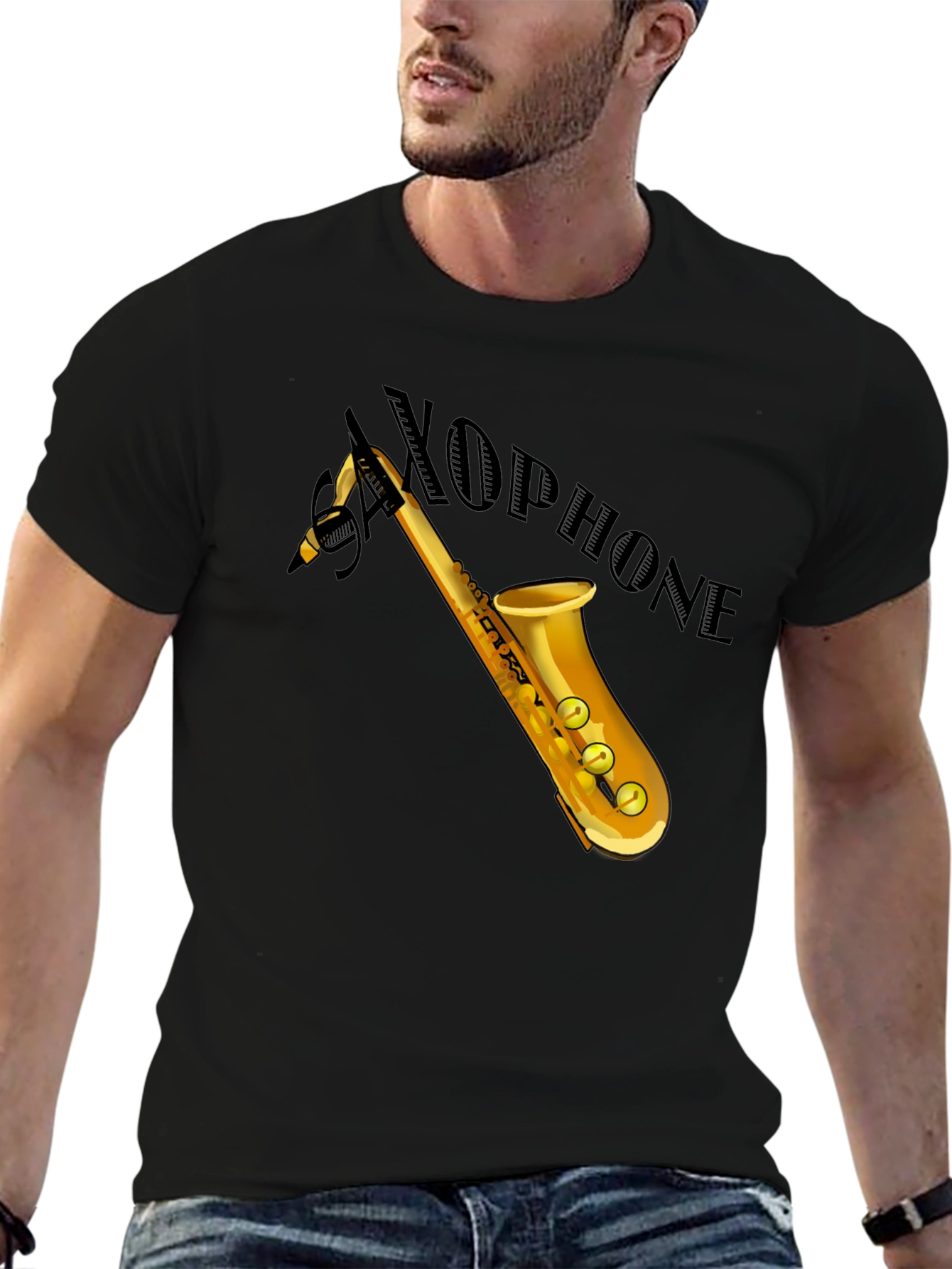 Saxophone Graphic Tee - Black Cotton Casual Shirt