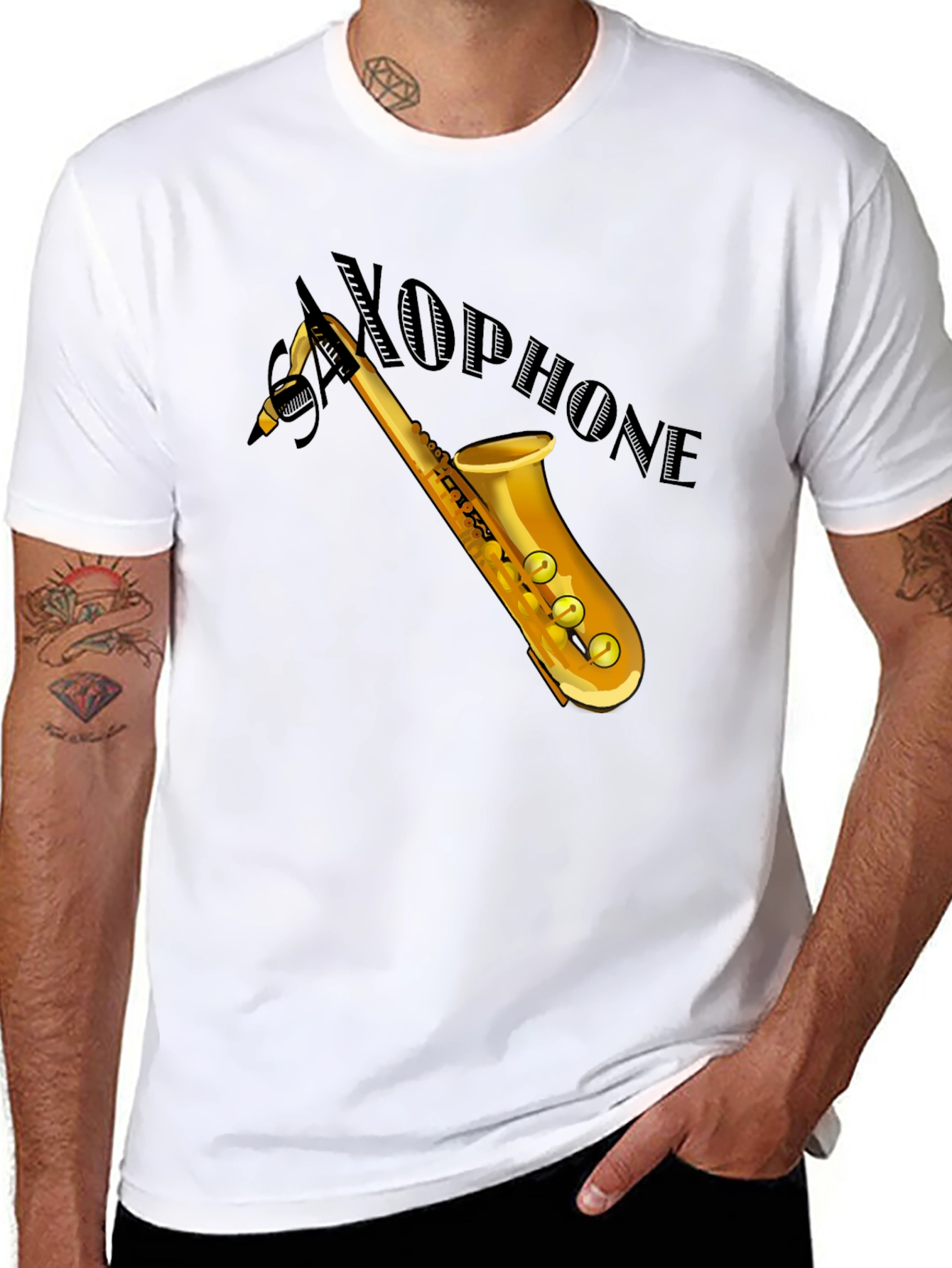 Saxophone Graphic Tee - Black Cotton Casual Shirt