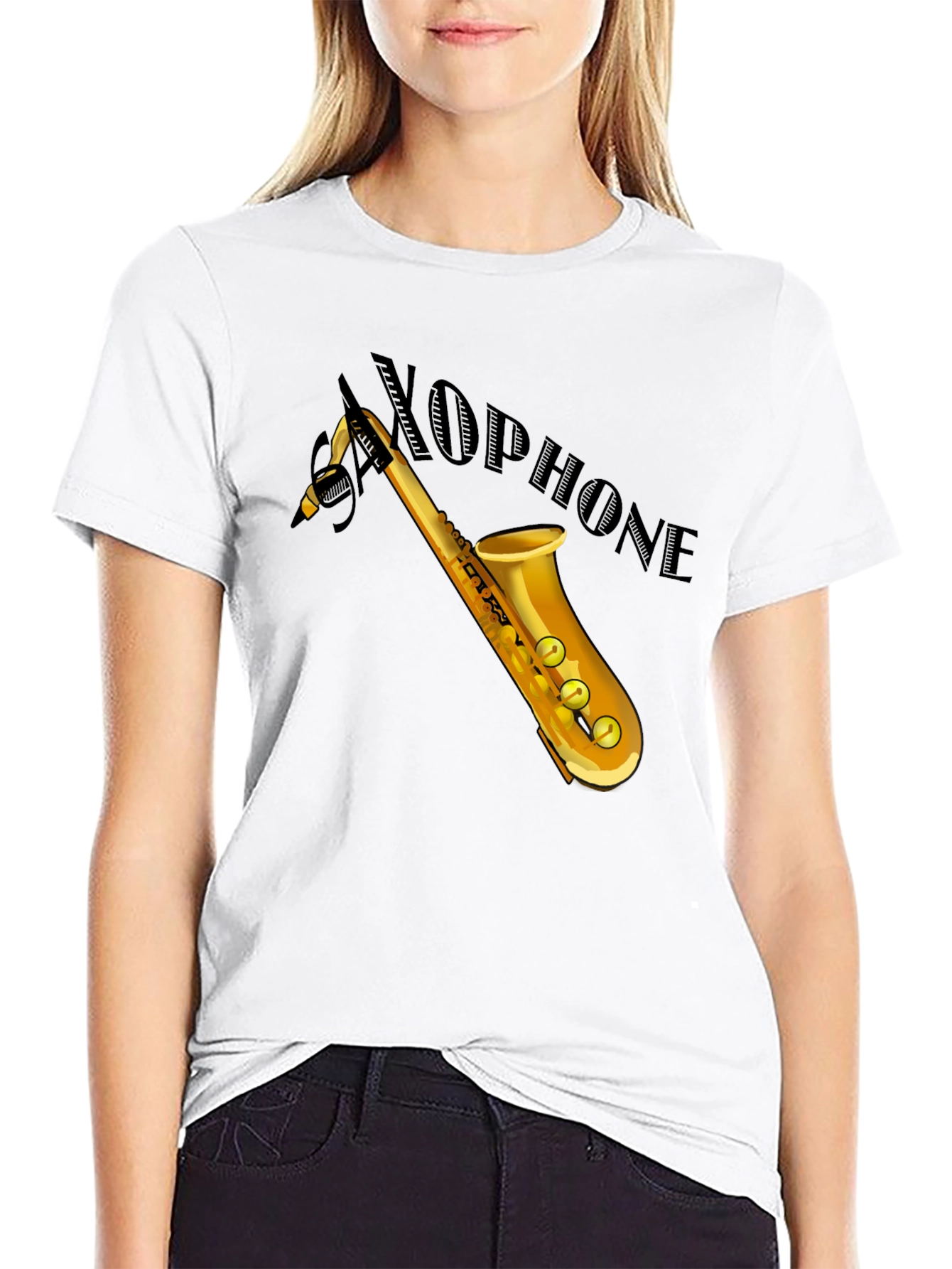Saxophone Graphic Tee - Black Cotton Casual Shirt