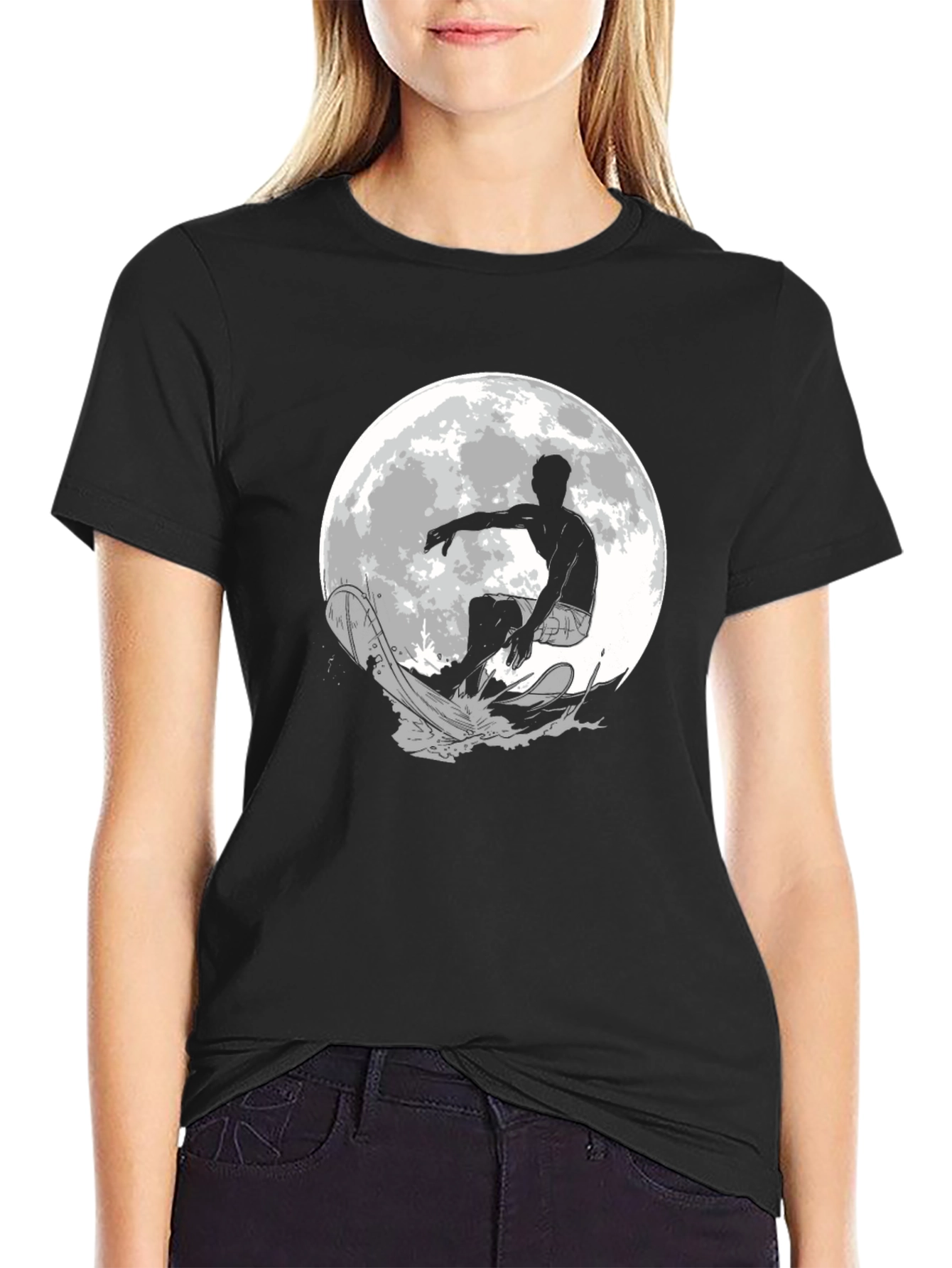 Surfer Moon Graphic T-Shirt - Cool Black Tee